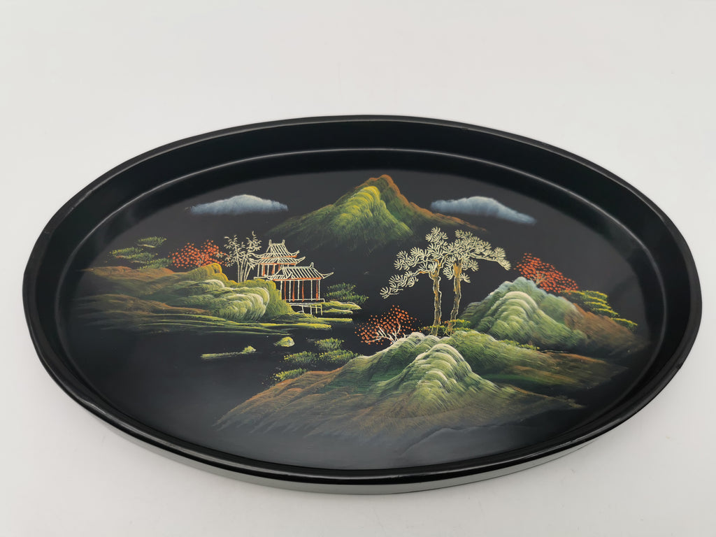 Vintage Hand-Painted Fuzhou Chinese Lacquer Landscape Tray