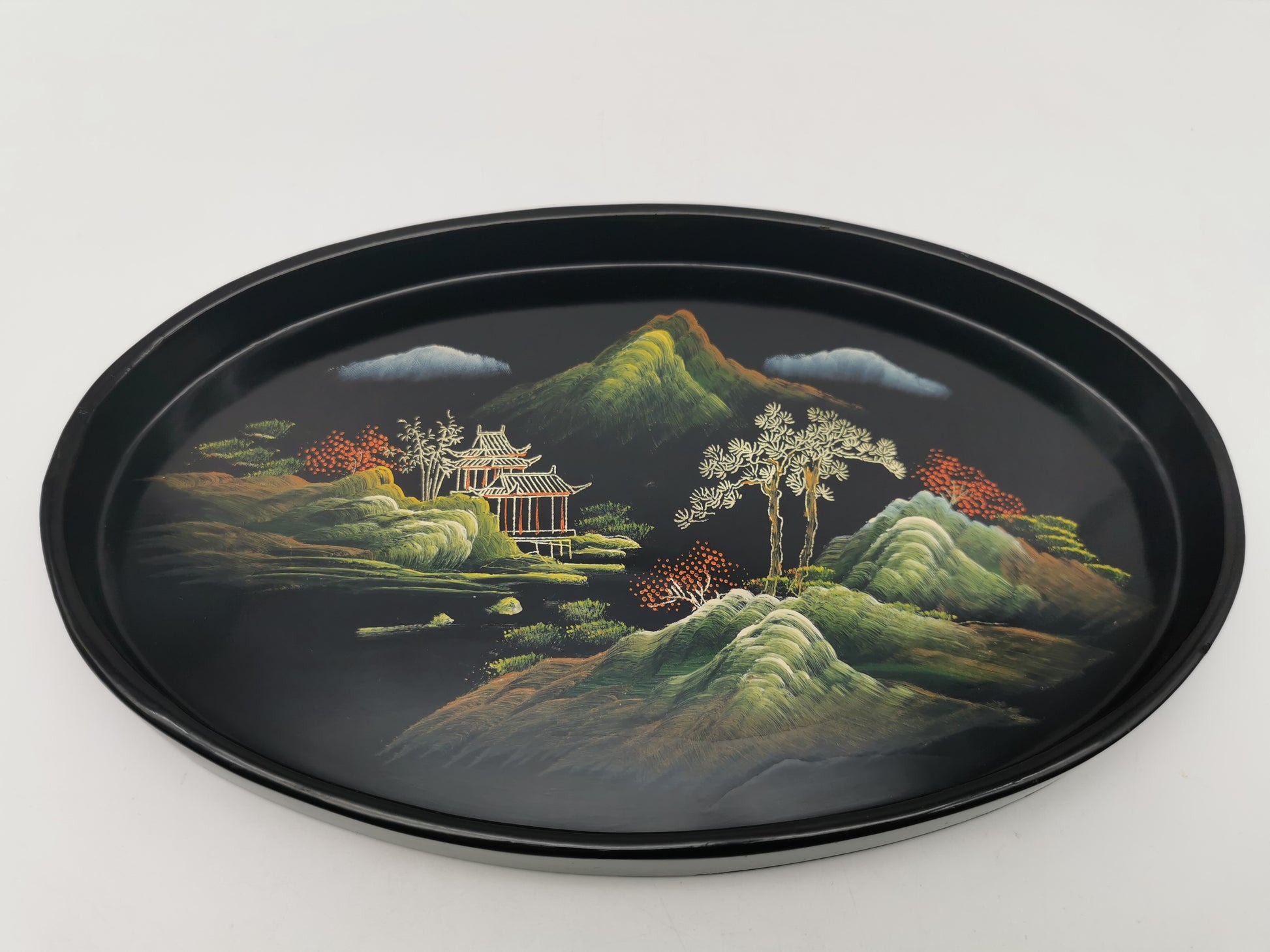 Vintage Hand-Painted Fuzhou Chinese Lacquer Landscape Tray
