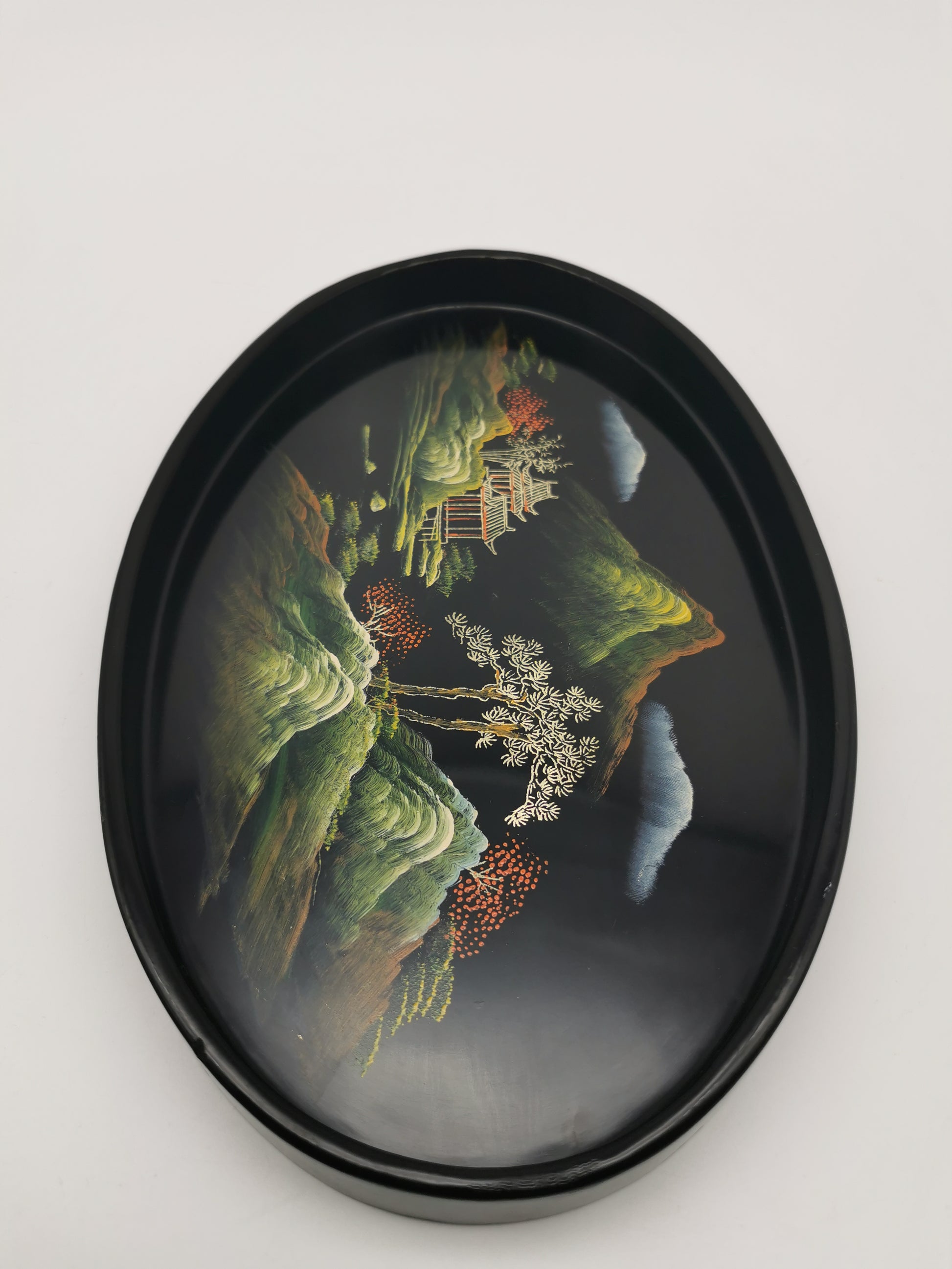 Vintage Hand-Painted Fuzhou Chinese Lacquer Landscape Tray