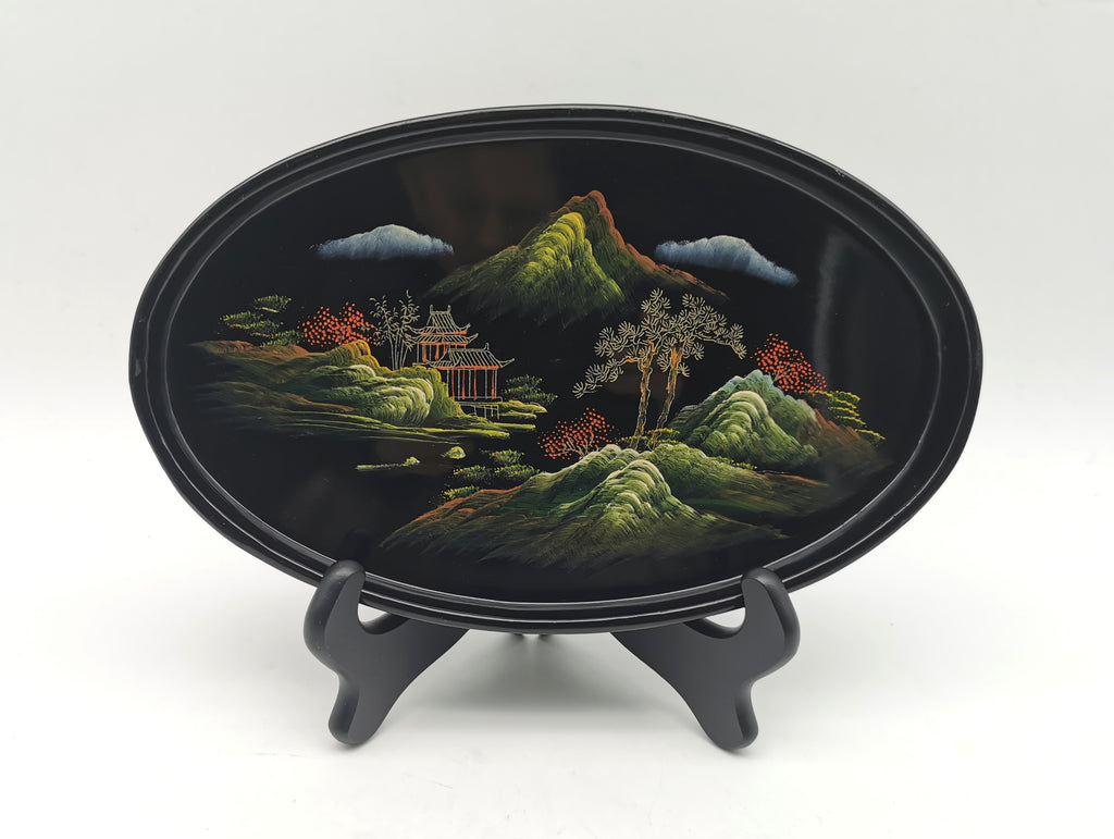 Vintage Hand-Painted Fuzhou Chinese Lacquer Landscape Tray