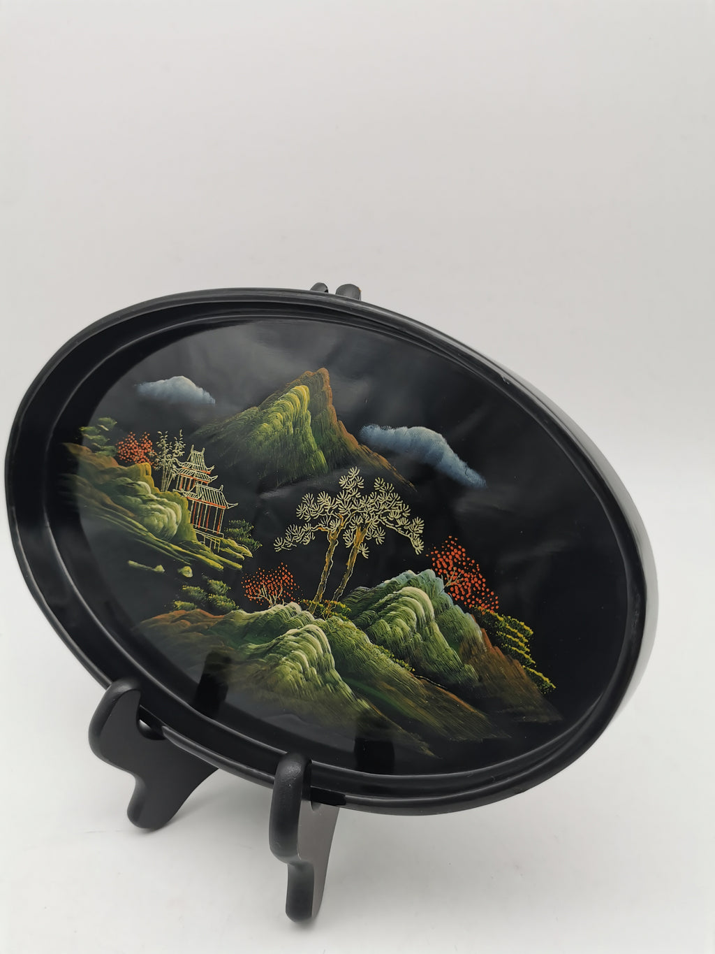 Vintage Hand-Painted Fuzhou Chinese Lacquer Landscape Tray