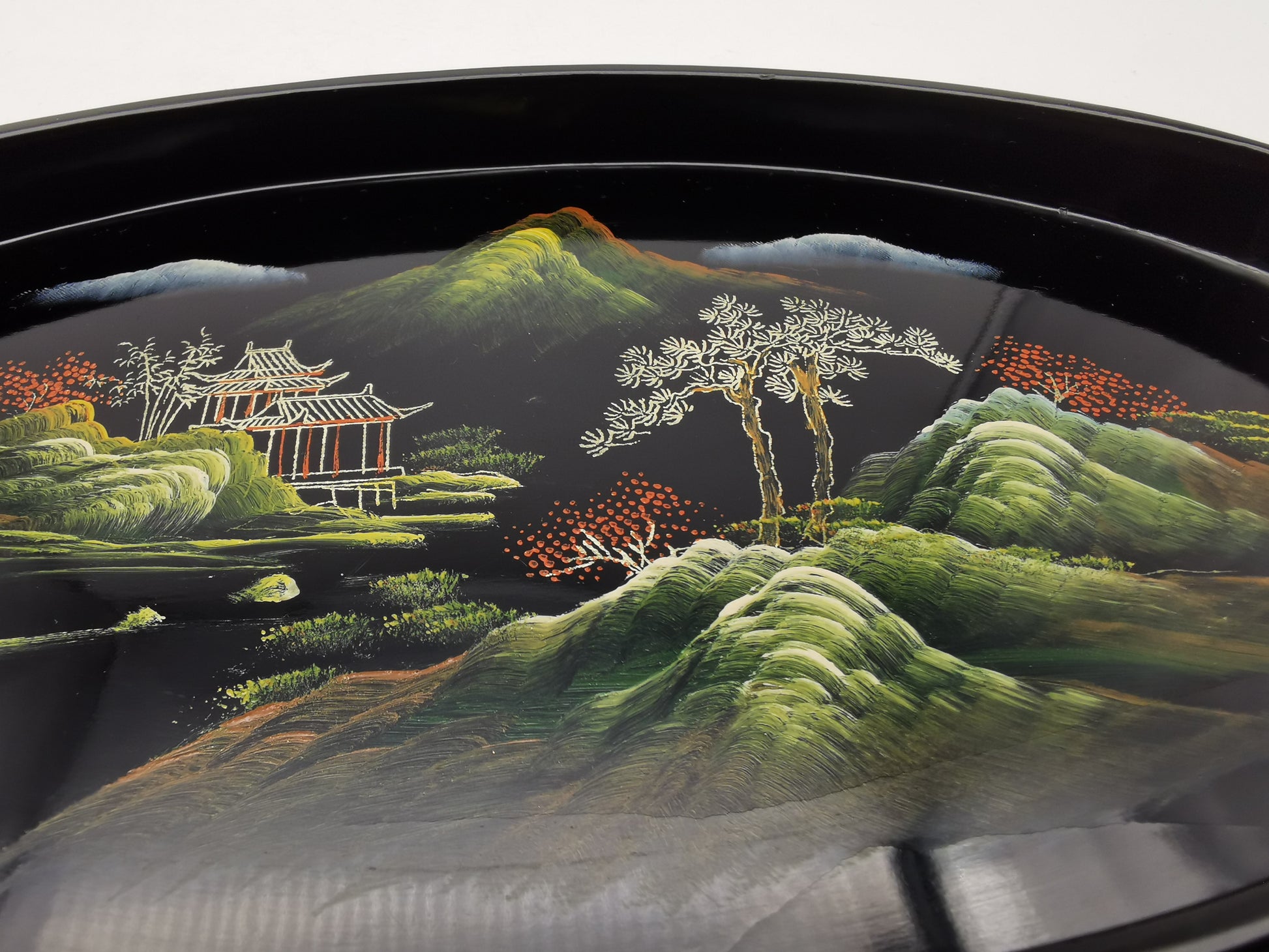 Vintage Hand-Painted Fuzhou Chinese Lacquer Landscape Tray