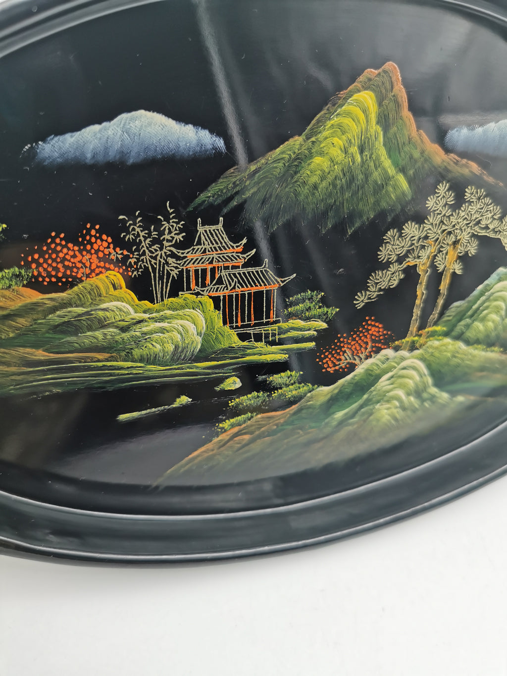 Vintage Hand-Painted Fuzhou Chinese Lacquer Landscape Tray