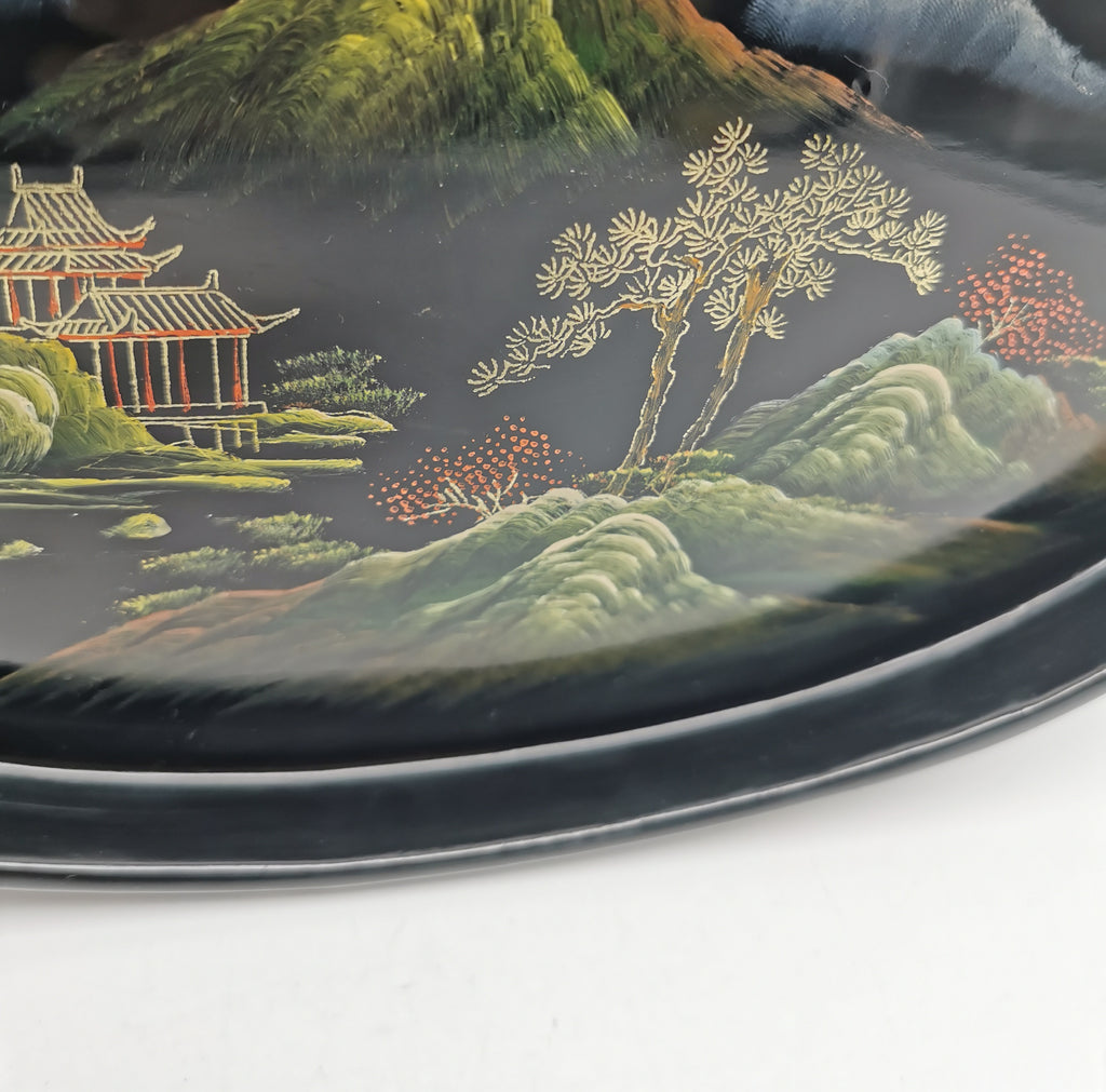 Vintage Hand-Painted Fuzhou Chinese Lacquer Landscape Tray