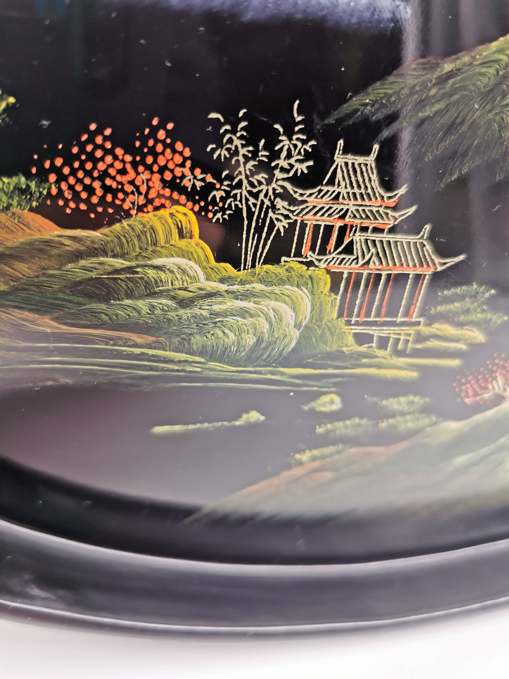 Vintage Hand-Painted Fuzhou Chinese Lacquer Landscape Tray