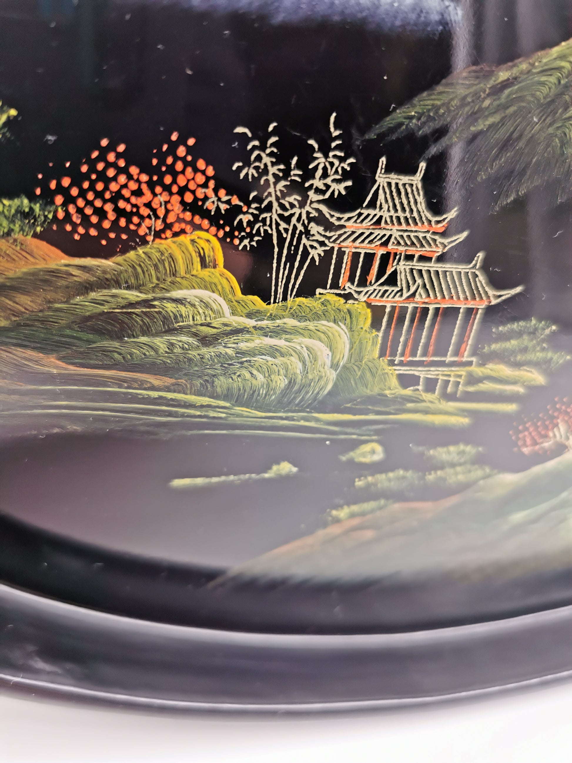 Vintage Hand-Painted Fuzhou Chinese Lacquer Landscape Tray