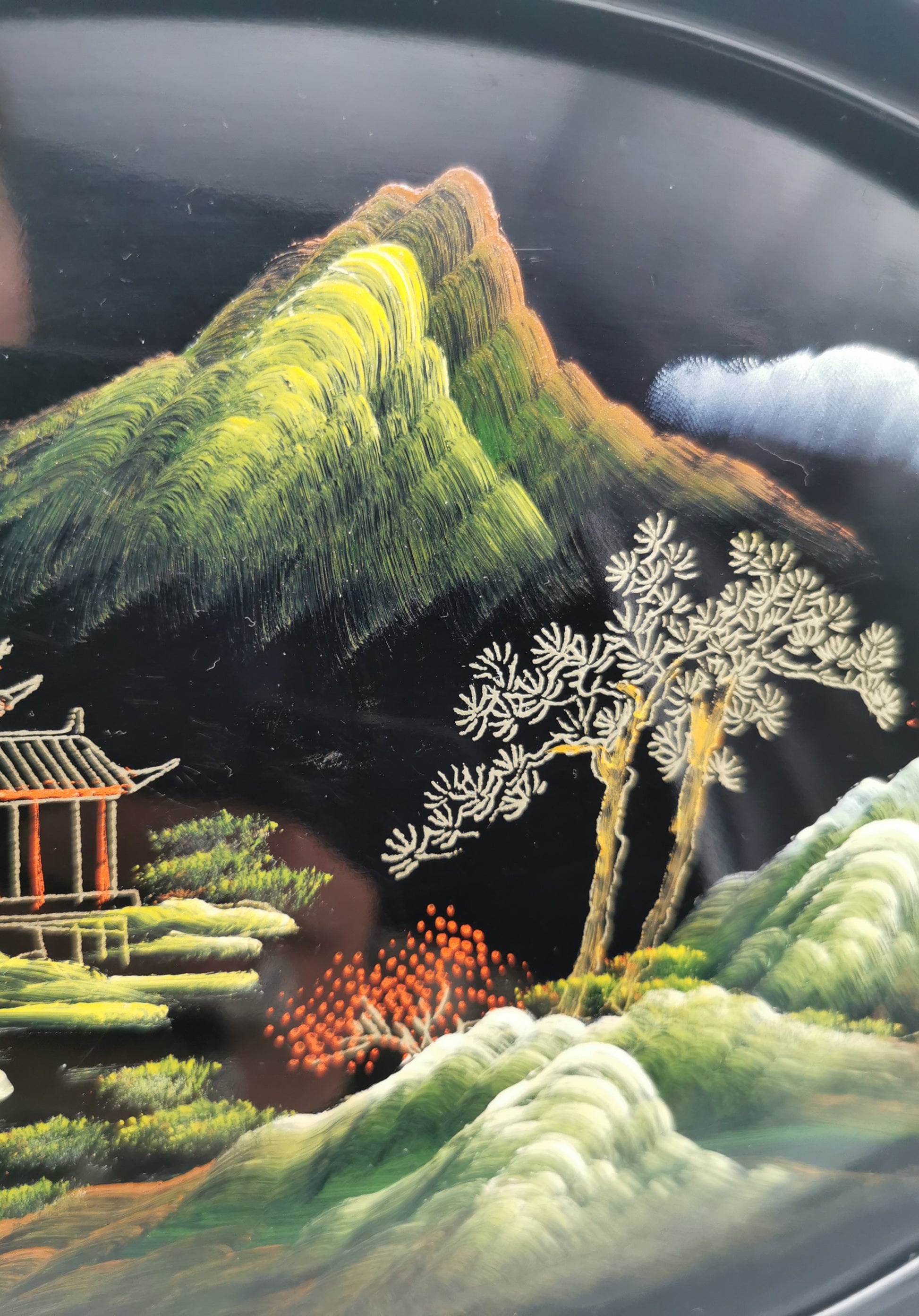Vintage Hand-Painted Fuzhou Chinese Lacquer Landscape Tray