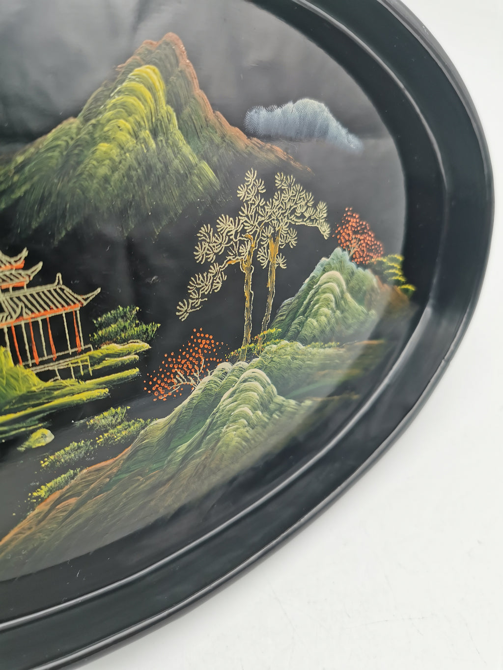 Vintage Hand-Painted Fuzhou Chinese Lacquer Landscape Tray