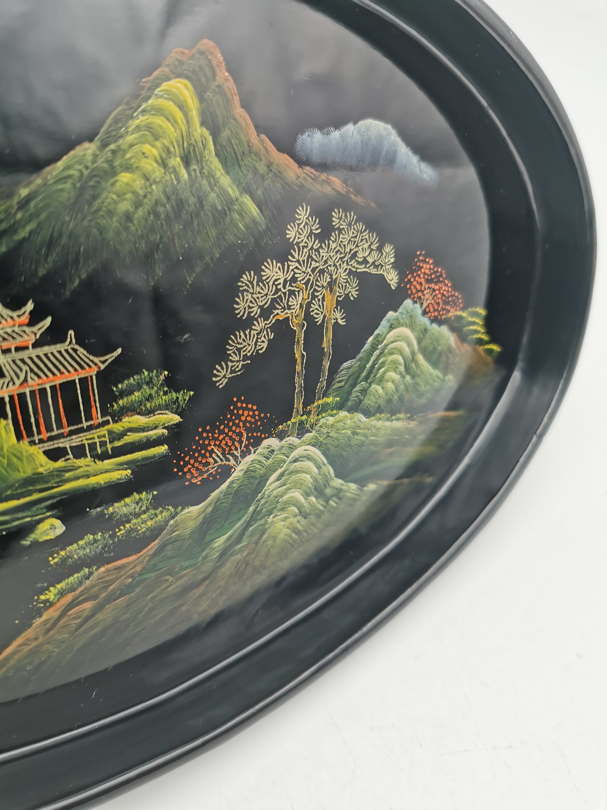Vintage Hand-Painted Fuzhou Chinese Lacquer Landscape Tray