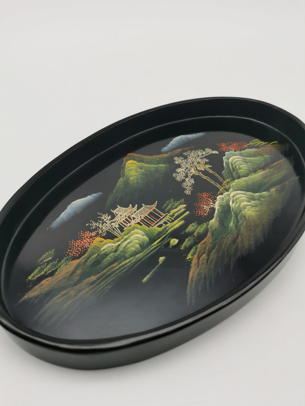 Vintage Hand-Painted Fuzhou Chinese Lacquer Landscape Tray