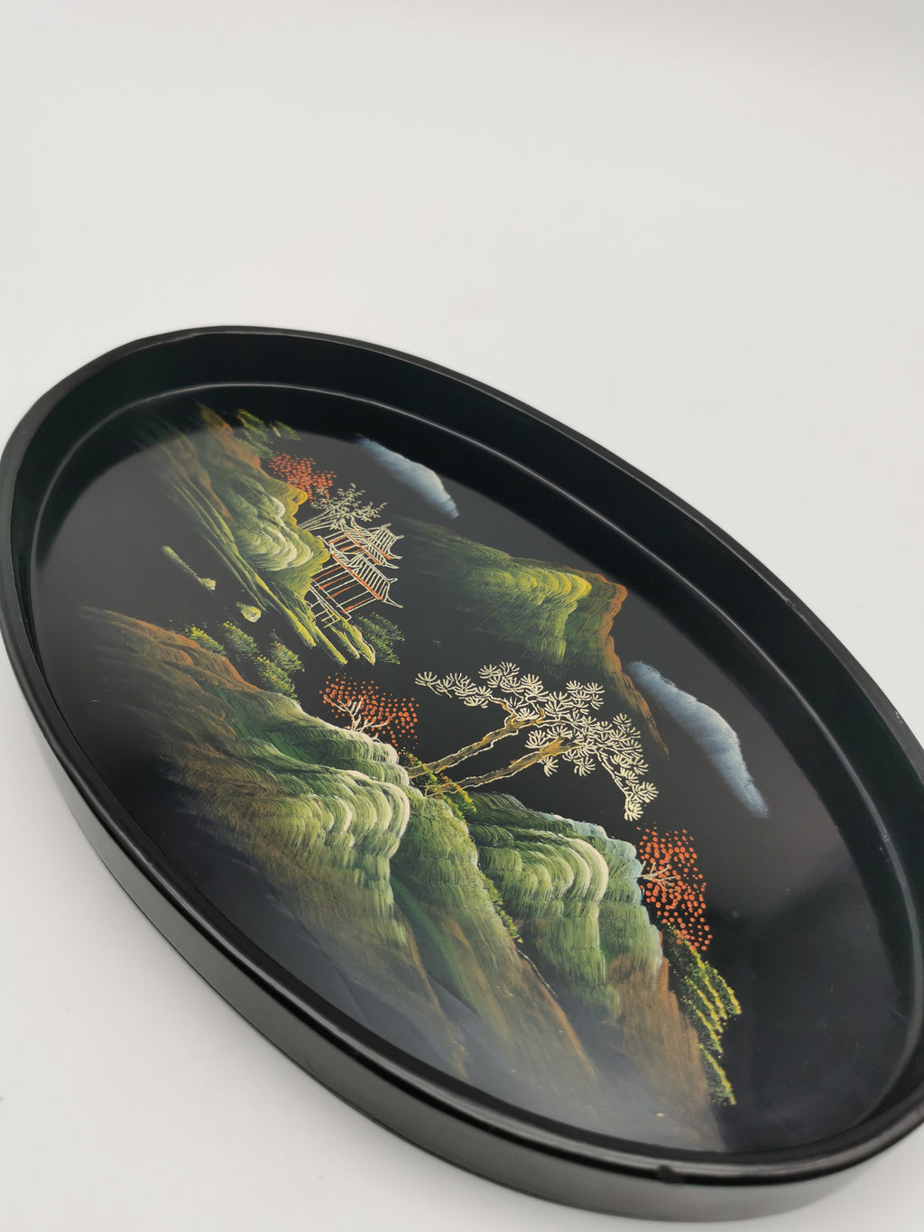 Vintage Hand-Painted Fuzhou Chinese Lacquer Landscape Tray