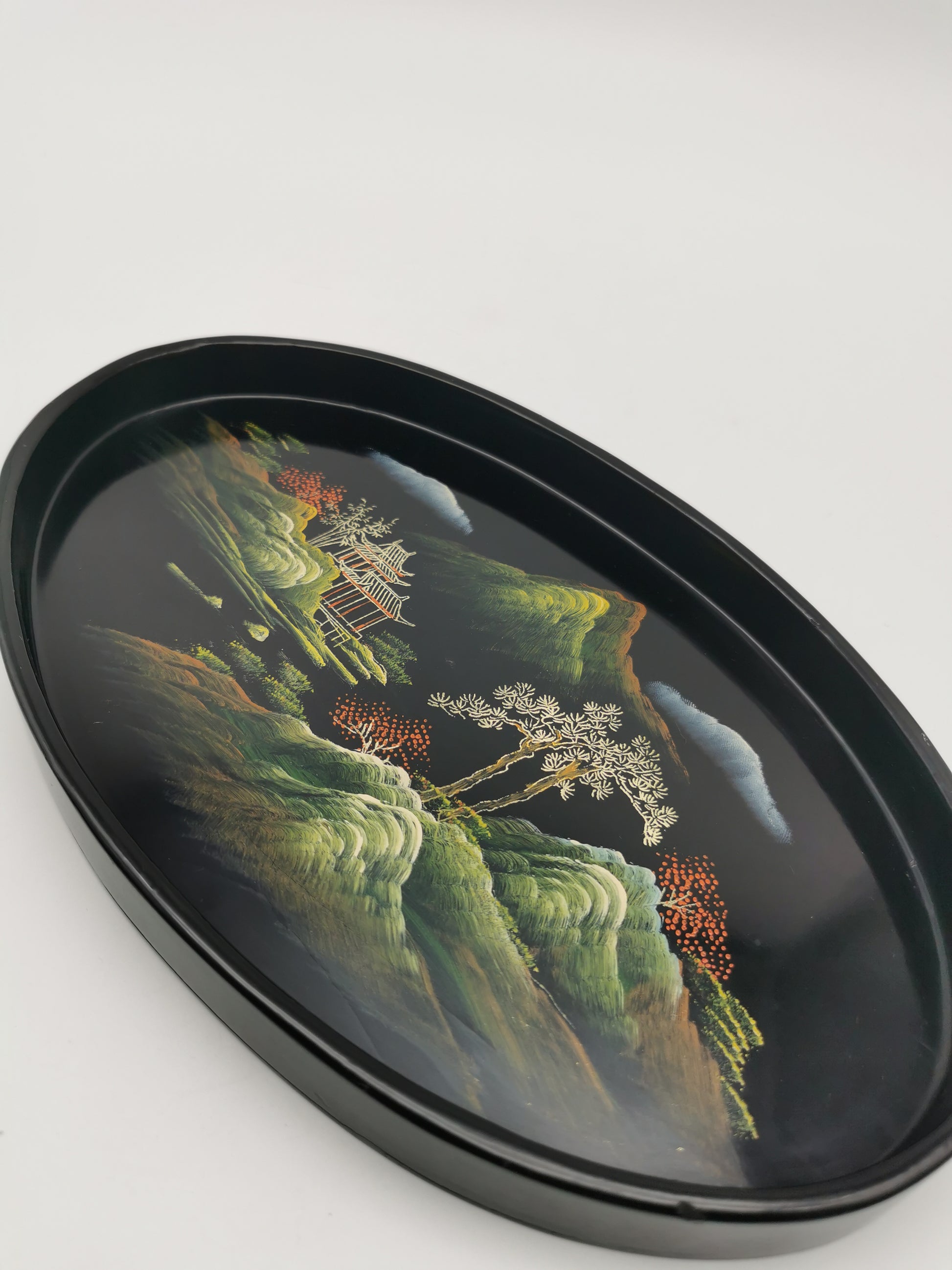 Vintage Hand-Painted Fuzhou Chinese Lacquer Landscape Tray