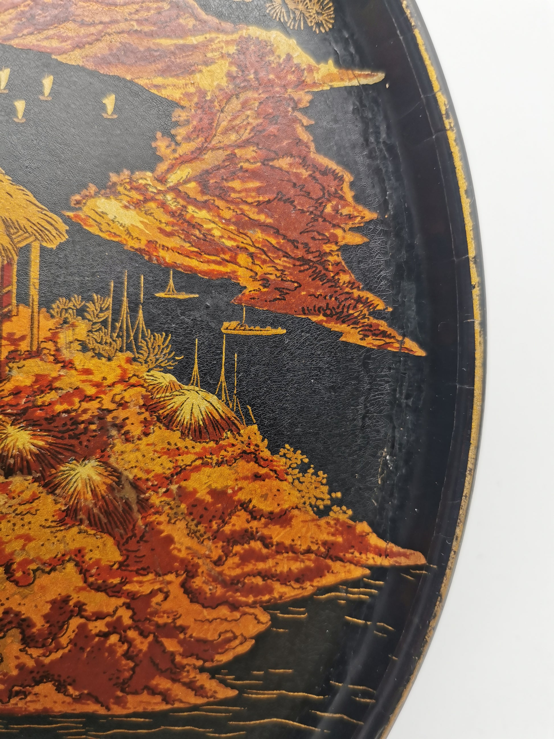 Antique Late Meiji Period Lacquerware Tray - Maki-e Gold Landscape