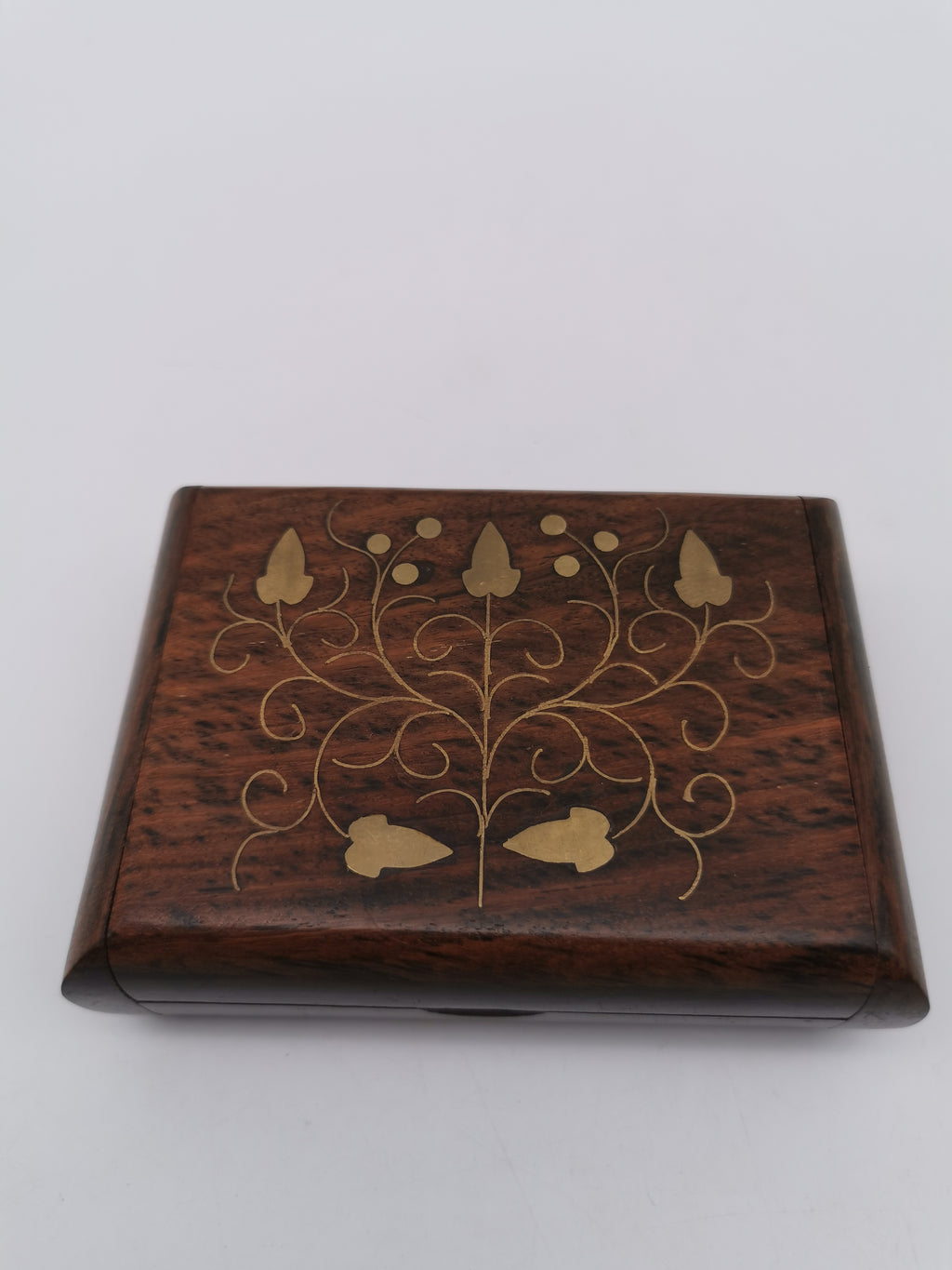 Vintage Indian Sheesham Wood Trinket Box with Ivy Brass Inlay