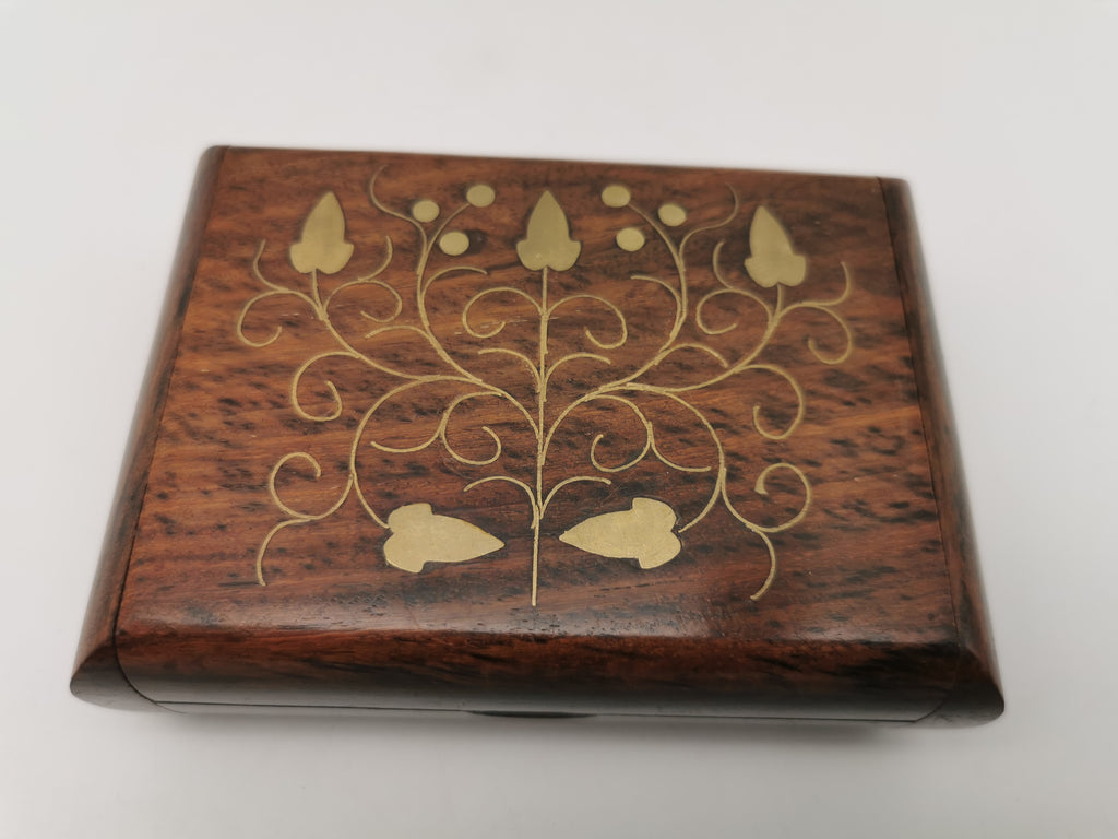 Vintage Indian Sheesham Wood Trinket Box with Ivy Brass Inlay