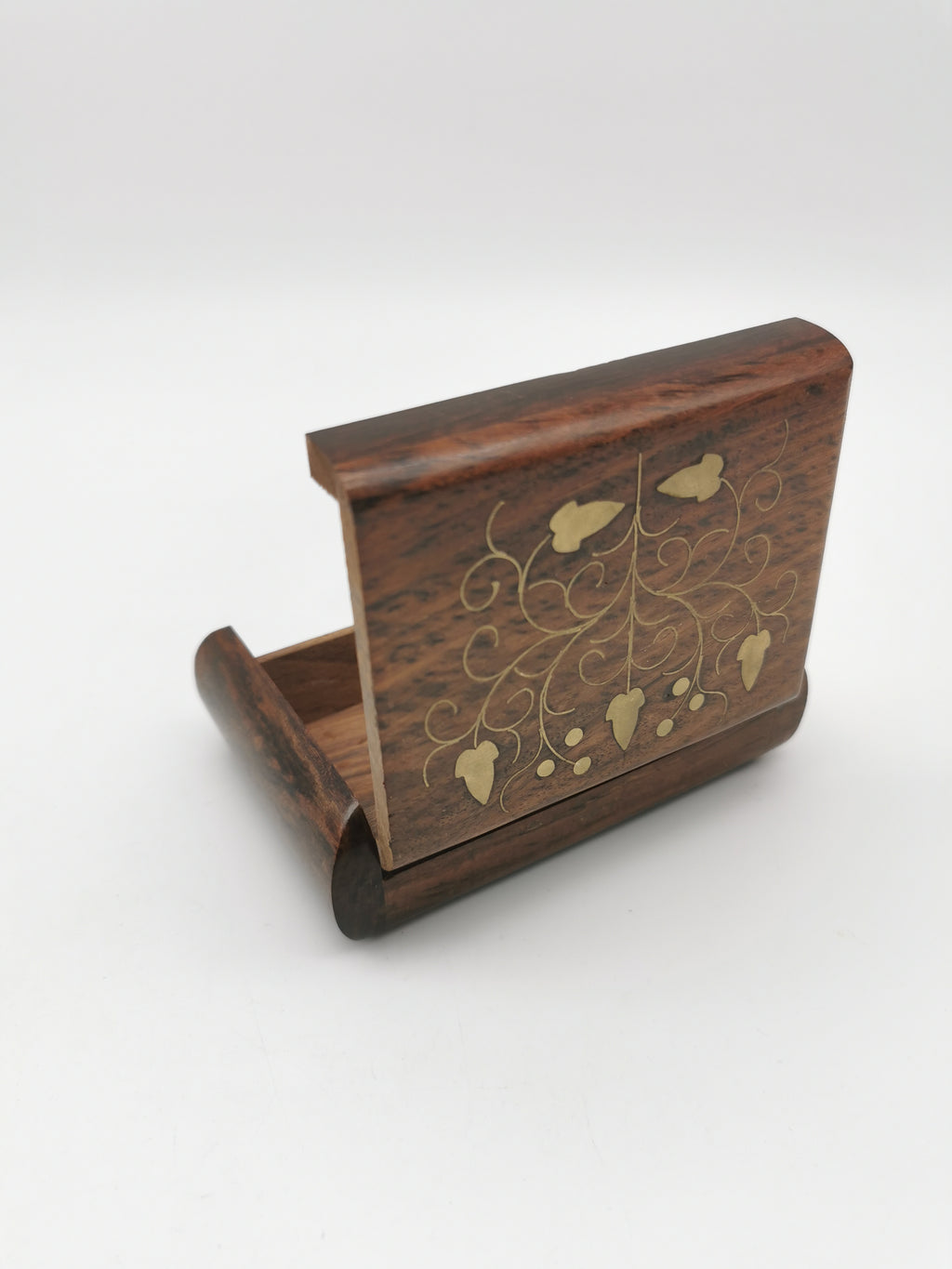 Vintage Indian Sheesham Wood Trinket Box with Ivy Brass Inlay