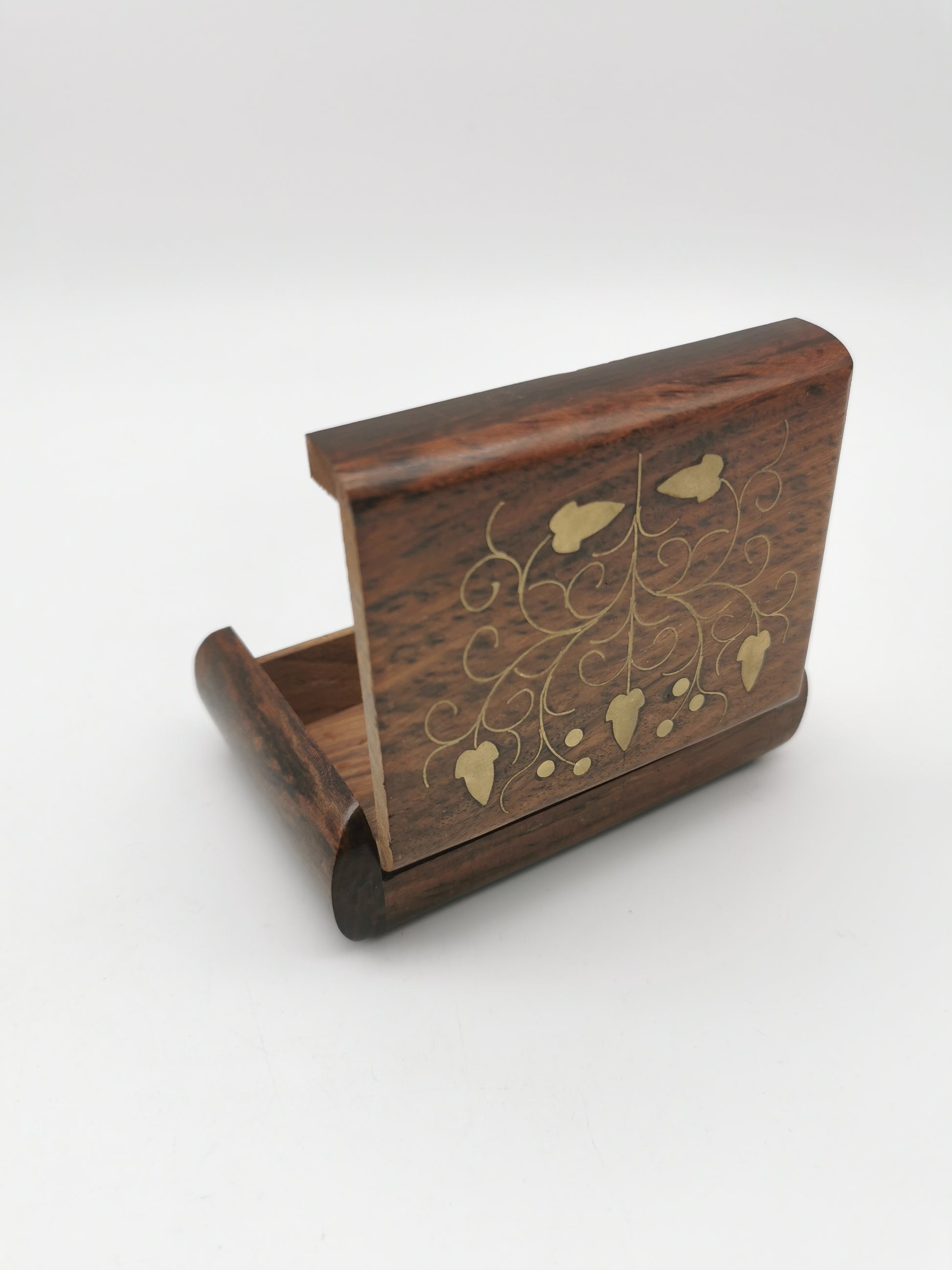 Vintage Indian Sheesham Wood Trinket Box with Ivy Brass Inlay