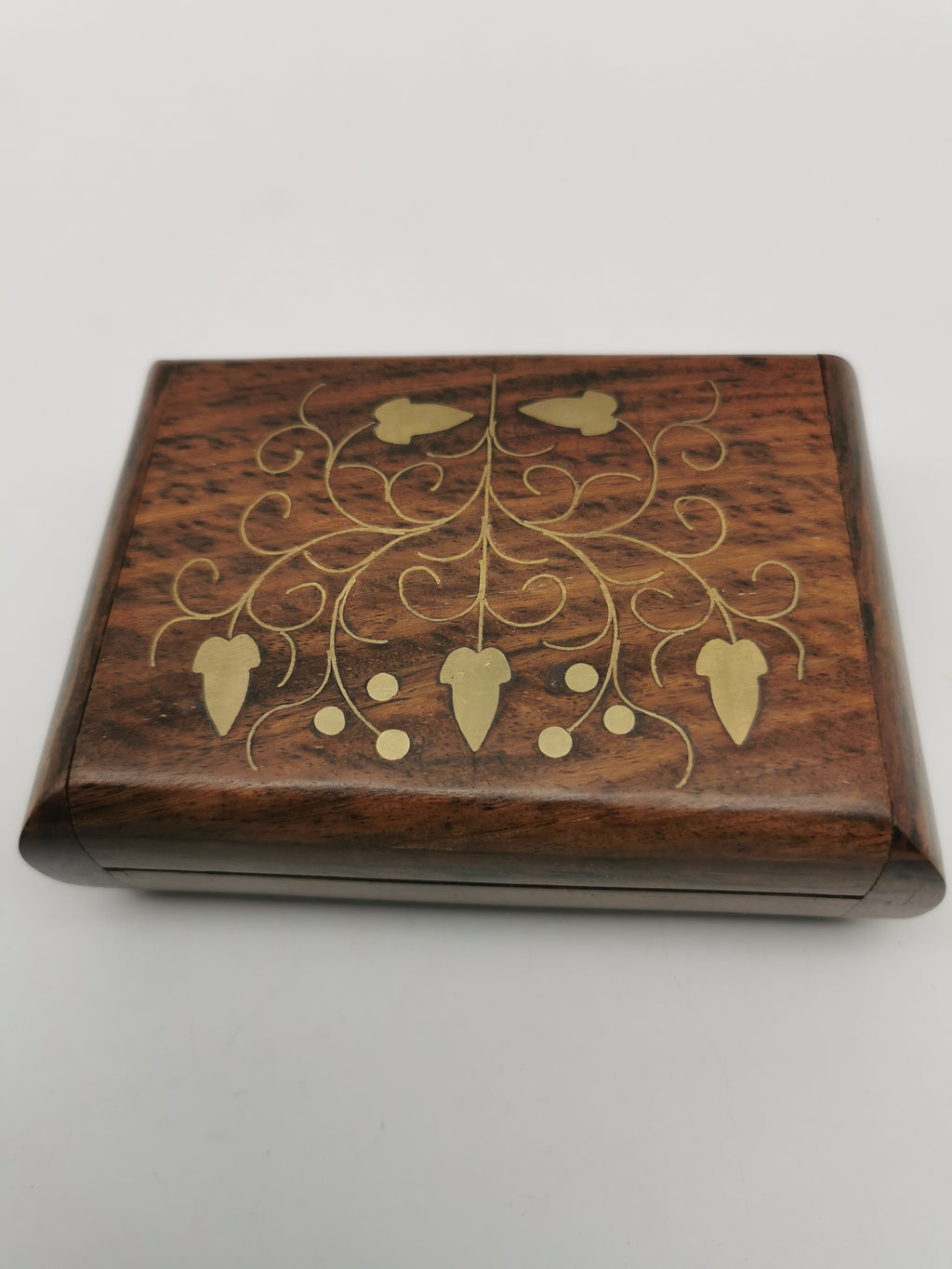 Vintage Indian Sheesham Wood Trinket Box with Ivy Brass Inlay