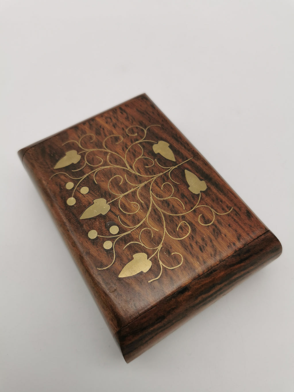 Vintage Indian Sheesham Wood Trinket Box with Ivy Brass Inlay