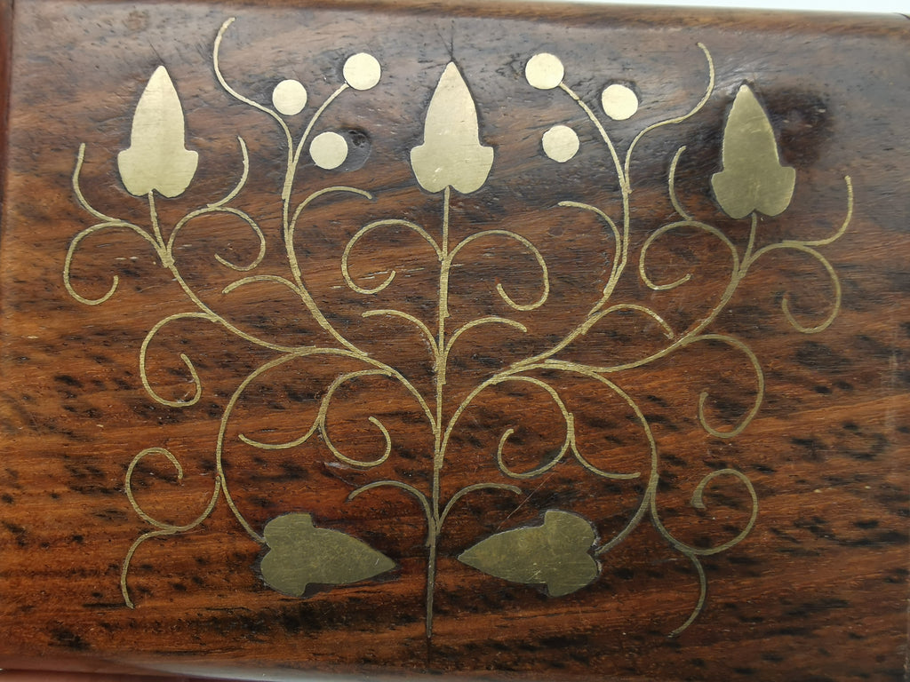 Vintage Indian Sheesham Wood Trinket Box with Ivy Brass Inlay