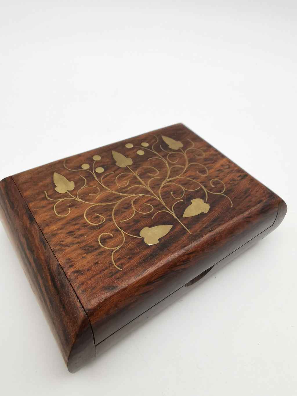 Vintage Indian Sheesham Wood Trinket Box with Ivy Brass Inlay