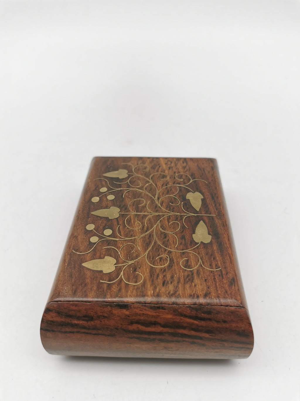 Vintage Indian Sheesham Wood Trinket Box with Ivy Brass Inlay