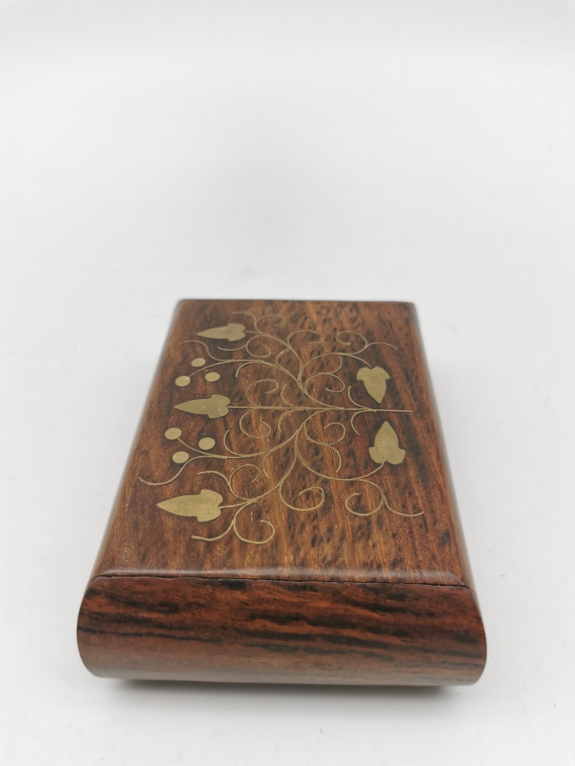 Vintage Indian Sheesham Wood Trinket Box with Ivy Brass Inlay