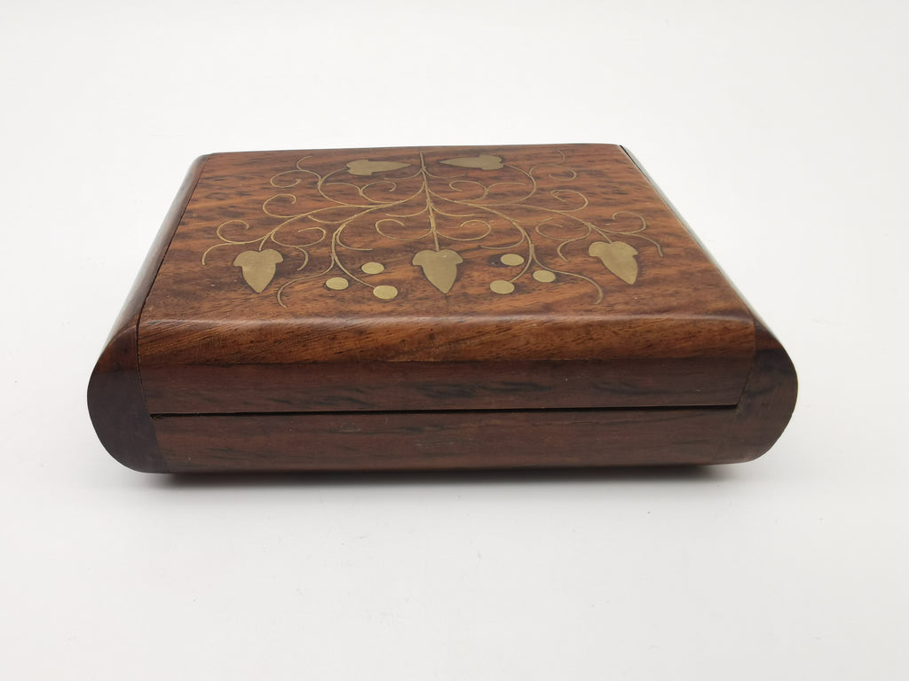 Vintage Indian Sheesham Wood Trinket Box with Ivy Brass Inlay