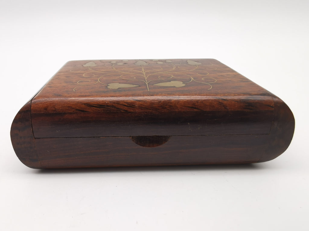 Vintage Indian Sheesham Wood Trinket Box with Ivy Brass Inlay