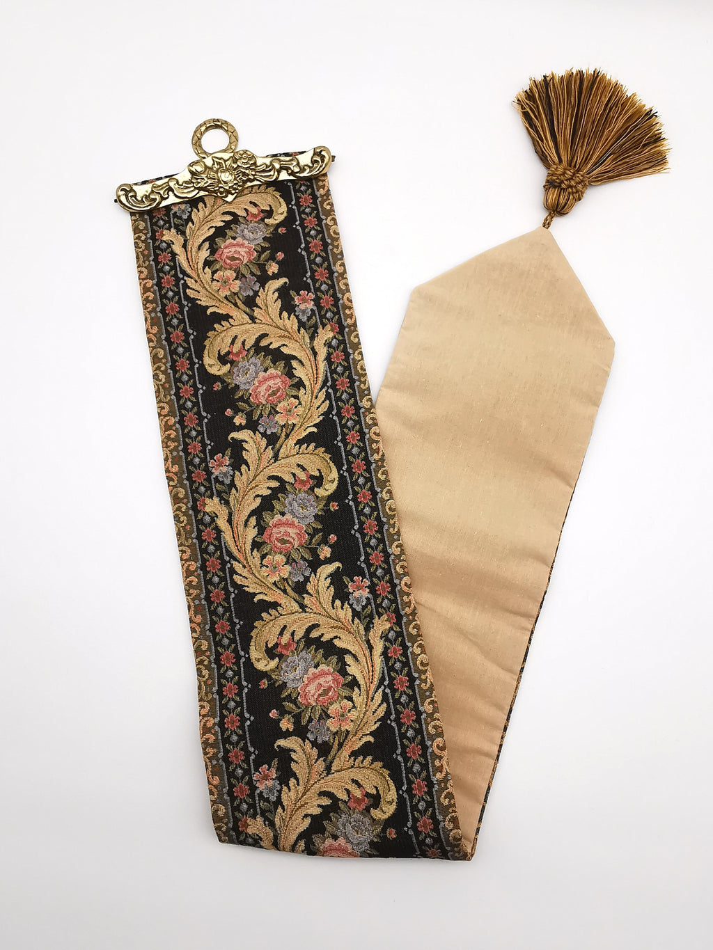 Vintage Floral Tapestry Bell Pull Wall Hanging with Brass Hardware