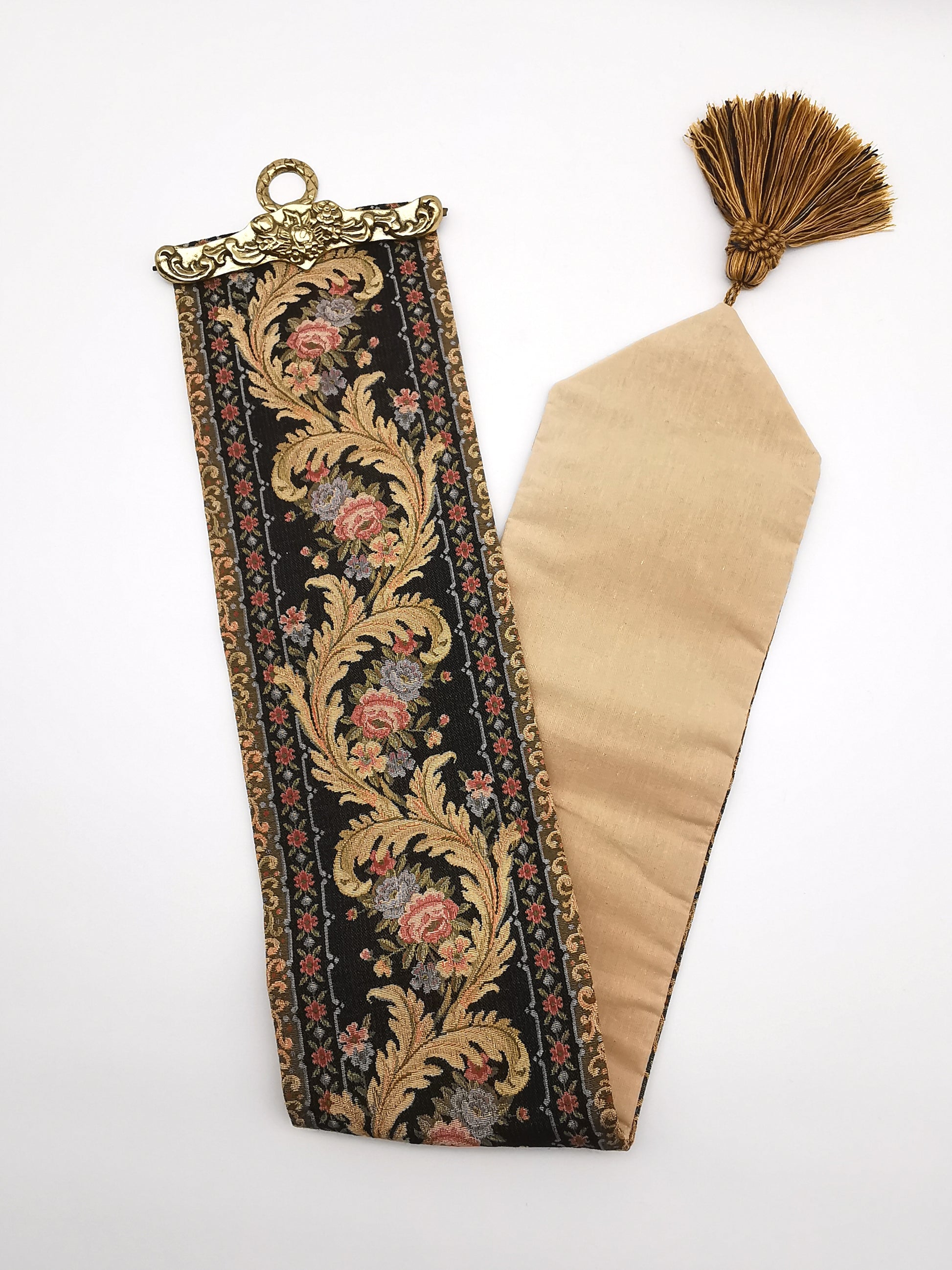 Vintage Floral Tapestry Bell Pull Wall Hanging with Brass Hardware