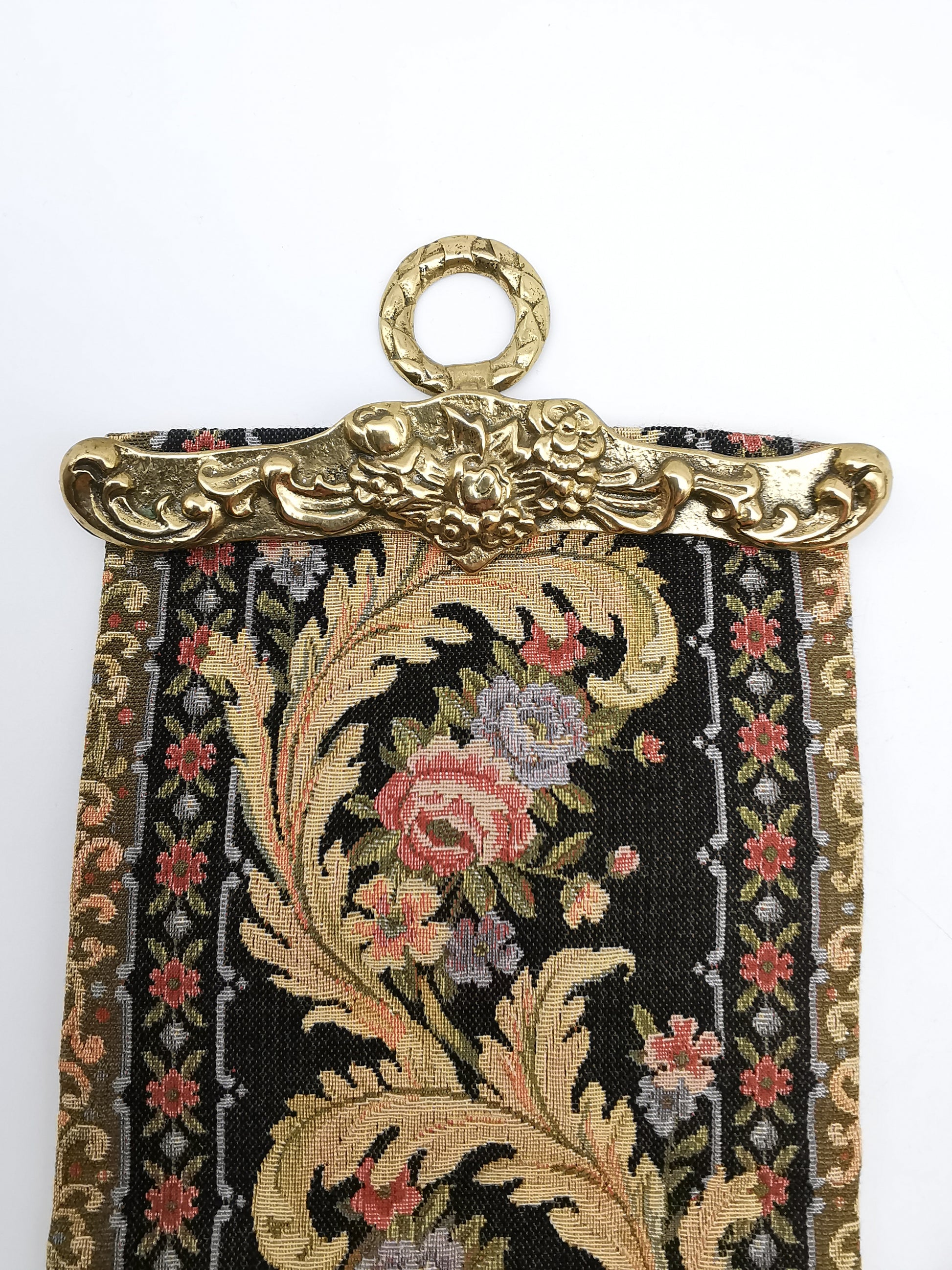 Vintage Floral Tapestry Bell Pull Wall Hanging with Brass Hardware