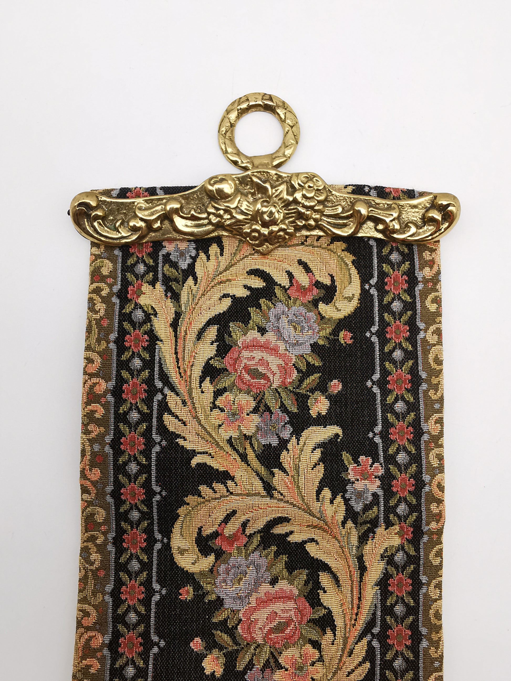 Vintage Floral Tapestry Bell Pull Wall Hanging with Brass Hardware