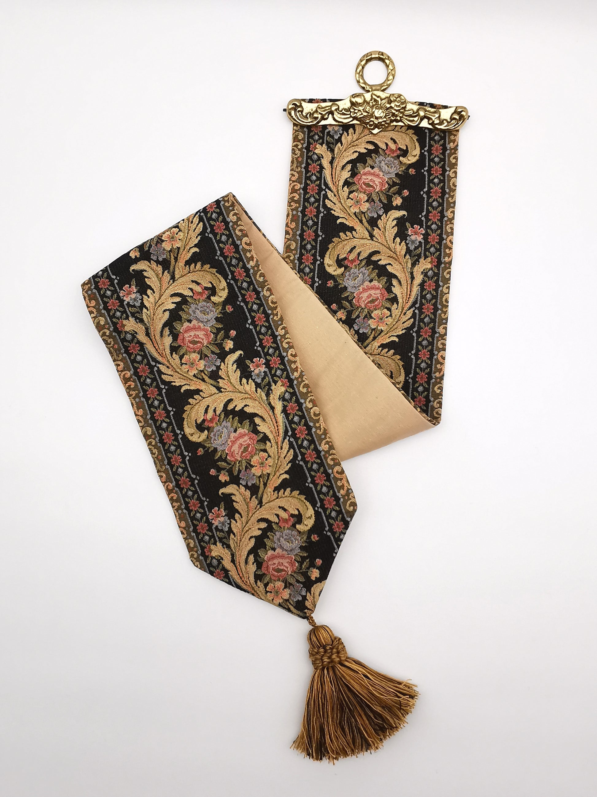 Vintage Floral Tapestry Bell Pull Wall Hanging with Brass Hardware