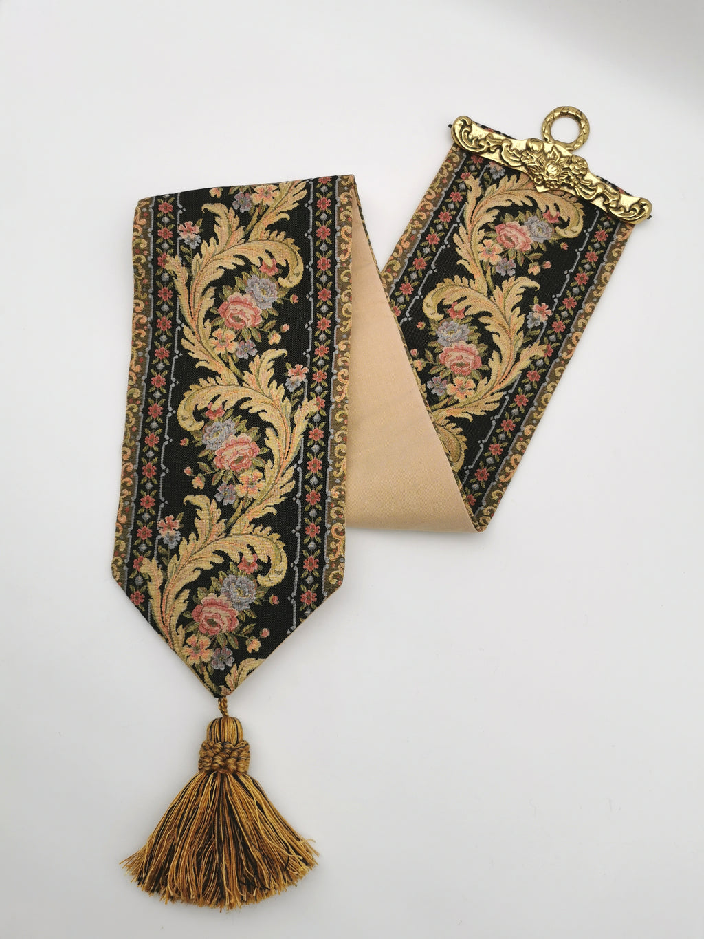 Vintage Floral Tapestry Bell Pull Wall Hanging with Brass Hardware