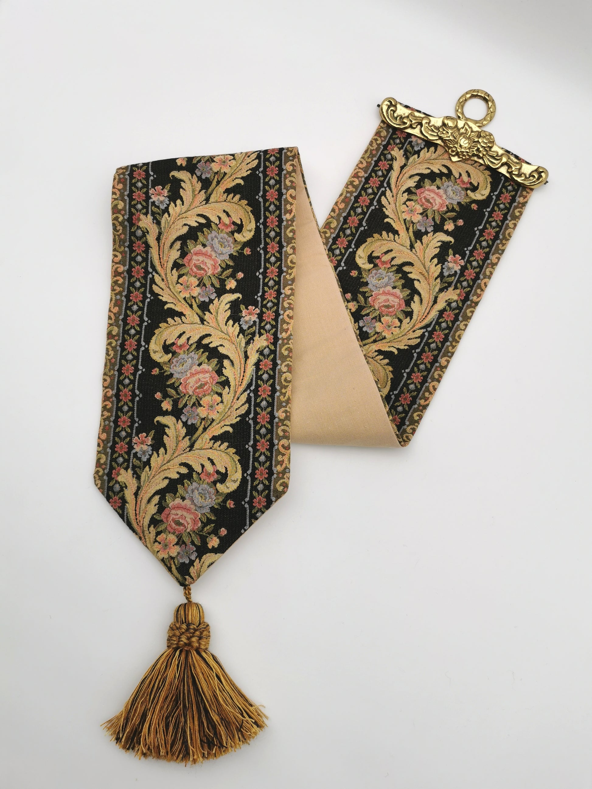 Vintage Floral Tapestry Bell Pull Wall Hanging with Brass Hardware