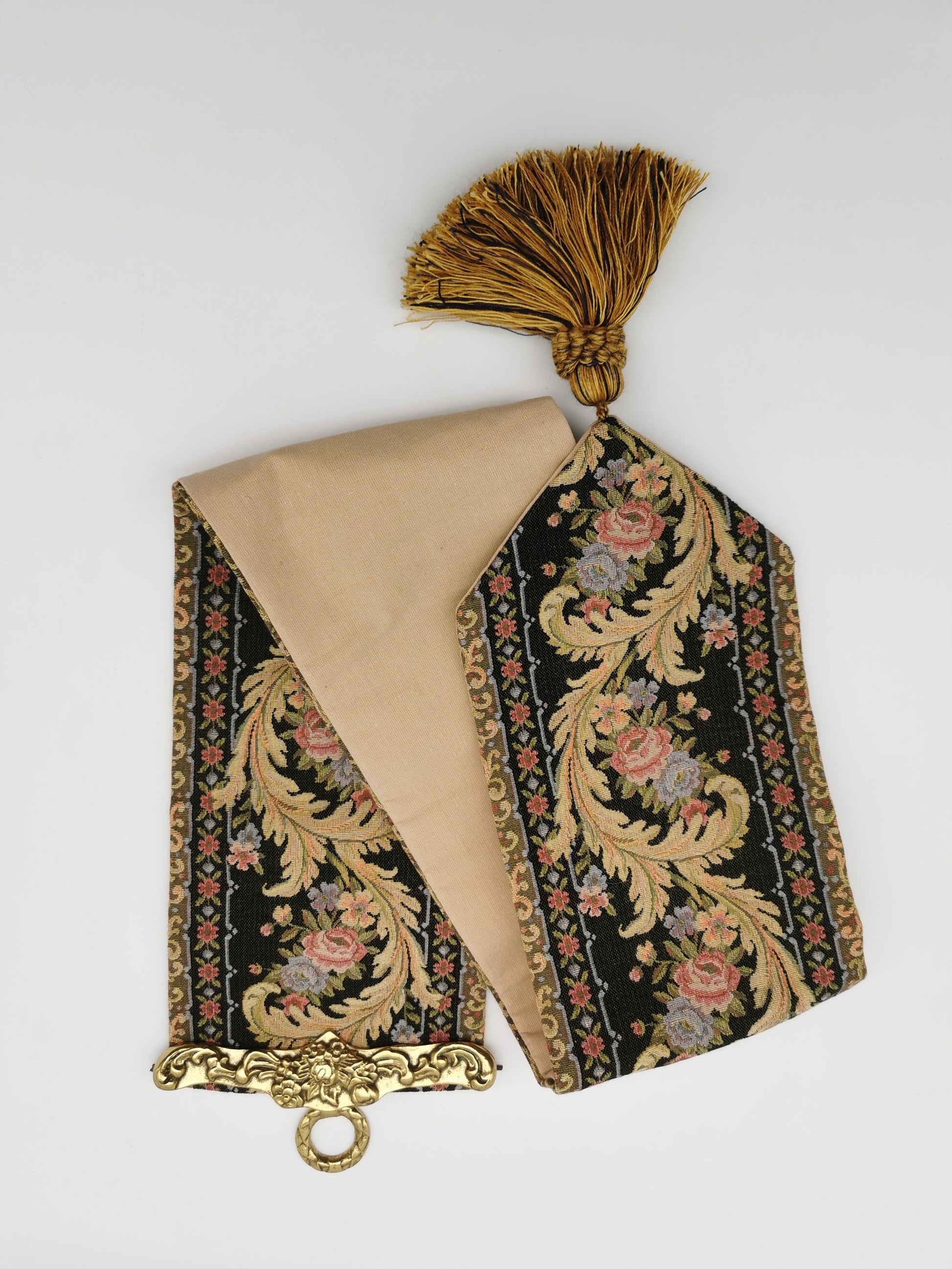 Vintage Floral Tapestry Bell Pull Wall Hanging with Brass Hardware