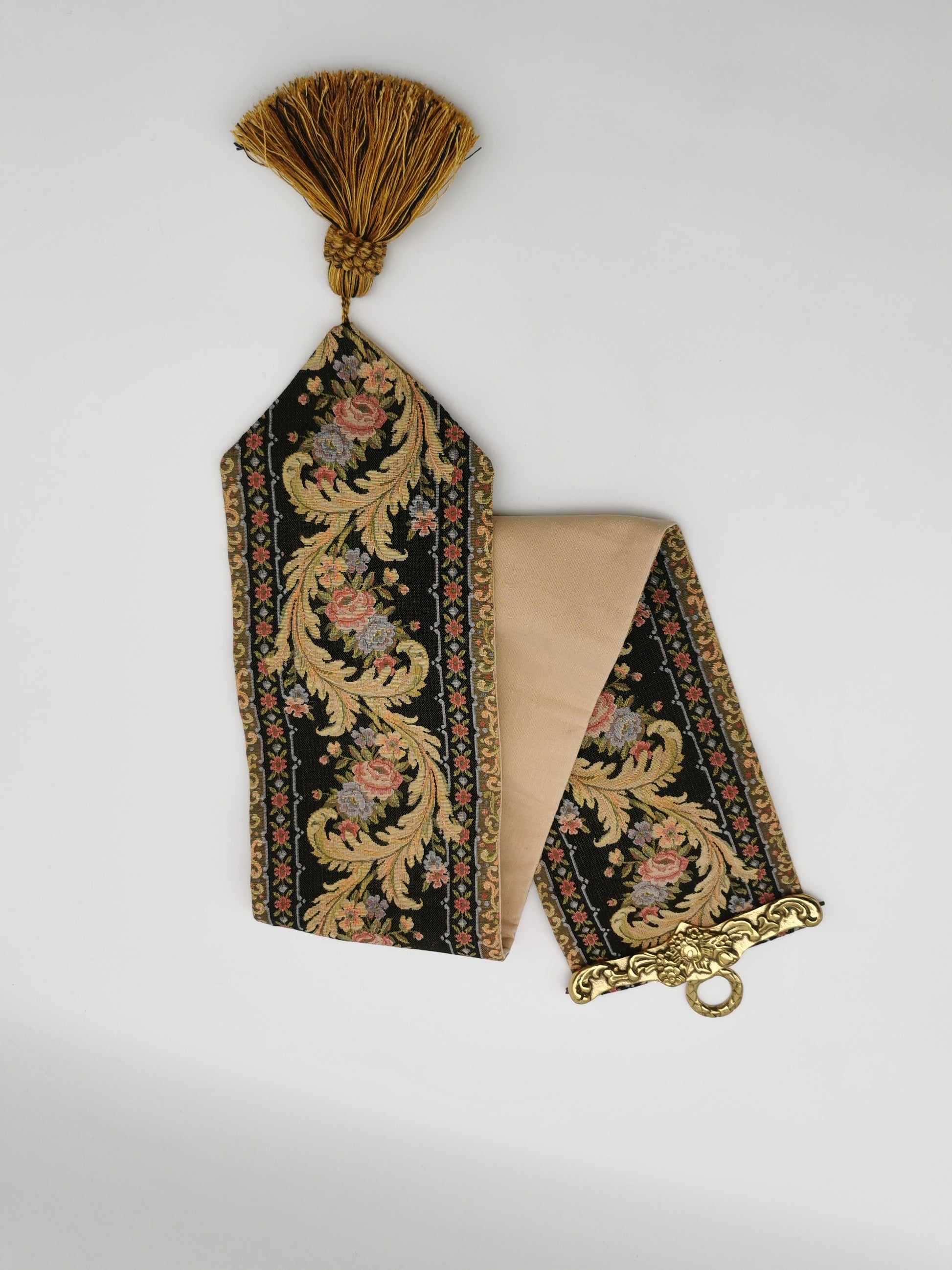 Vintage Floral Tapestry Bell Pull Wall Hanging with Brass Hardware