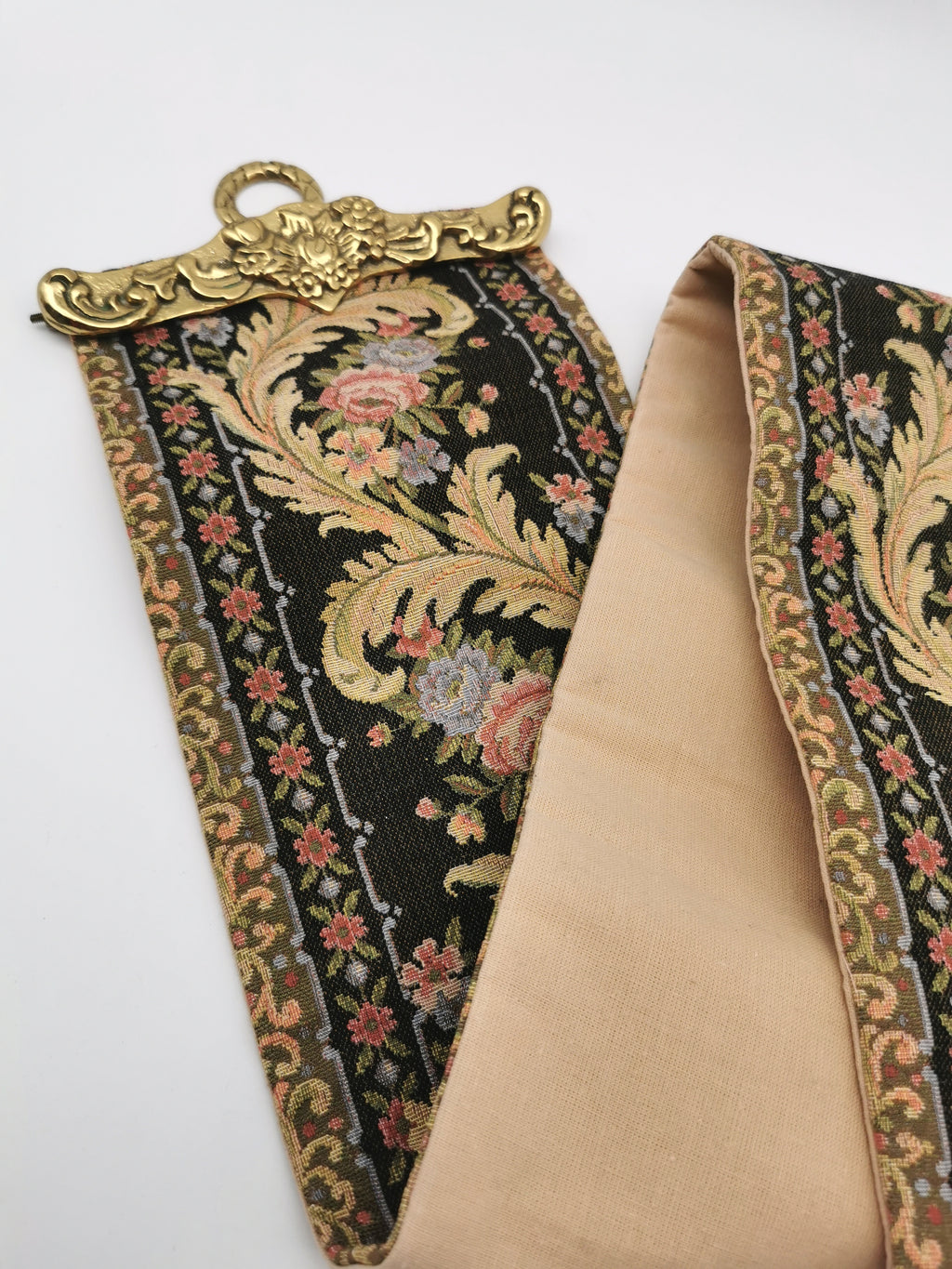 Vintage Floral Tapestry Bell Pull Wall Hanging with Brass Hardware