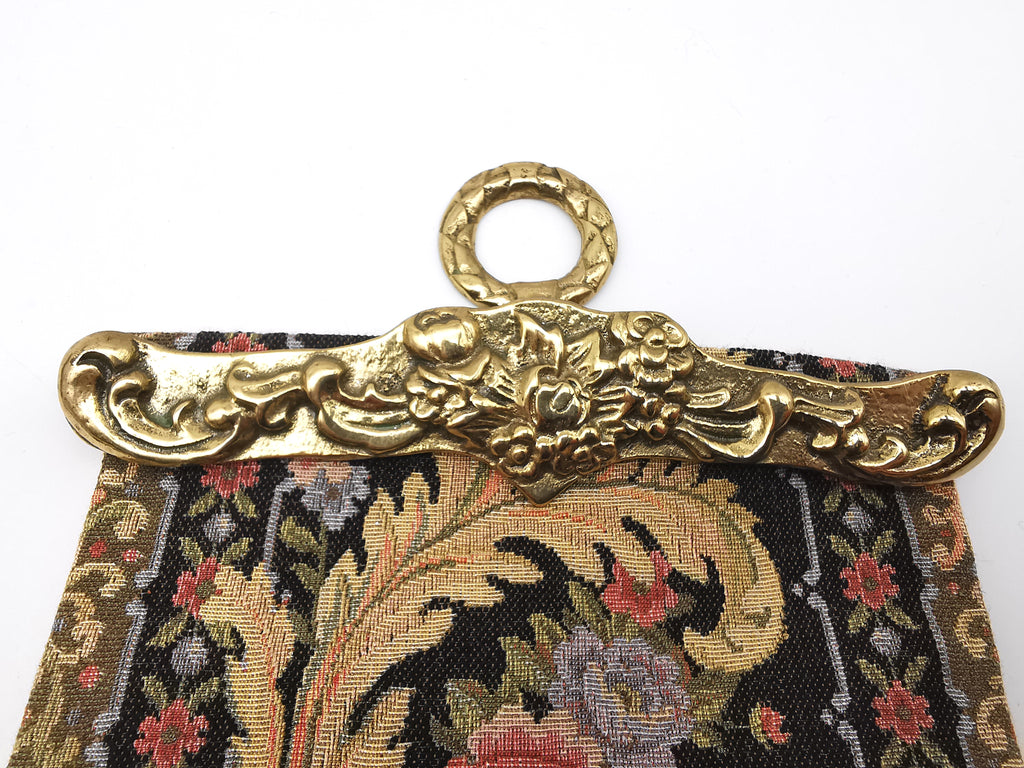 Vintage Floral Tapestry Bell Pull Wall Hanging with Brass Hardware