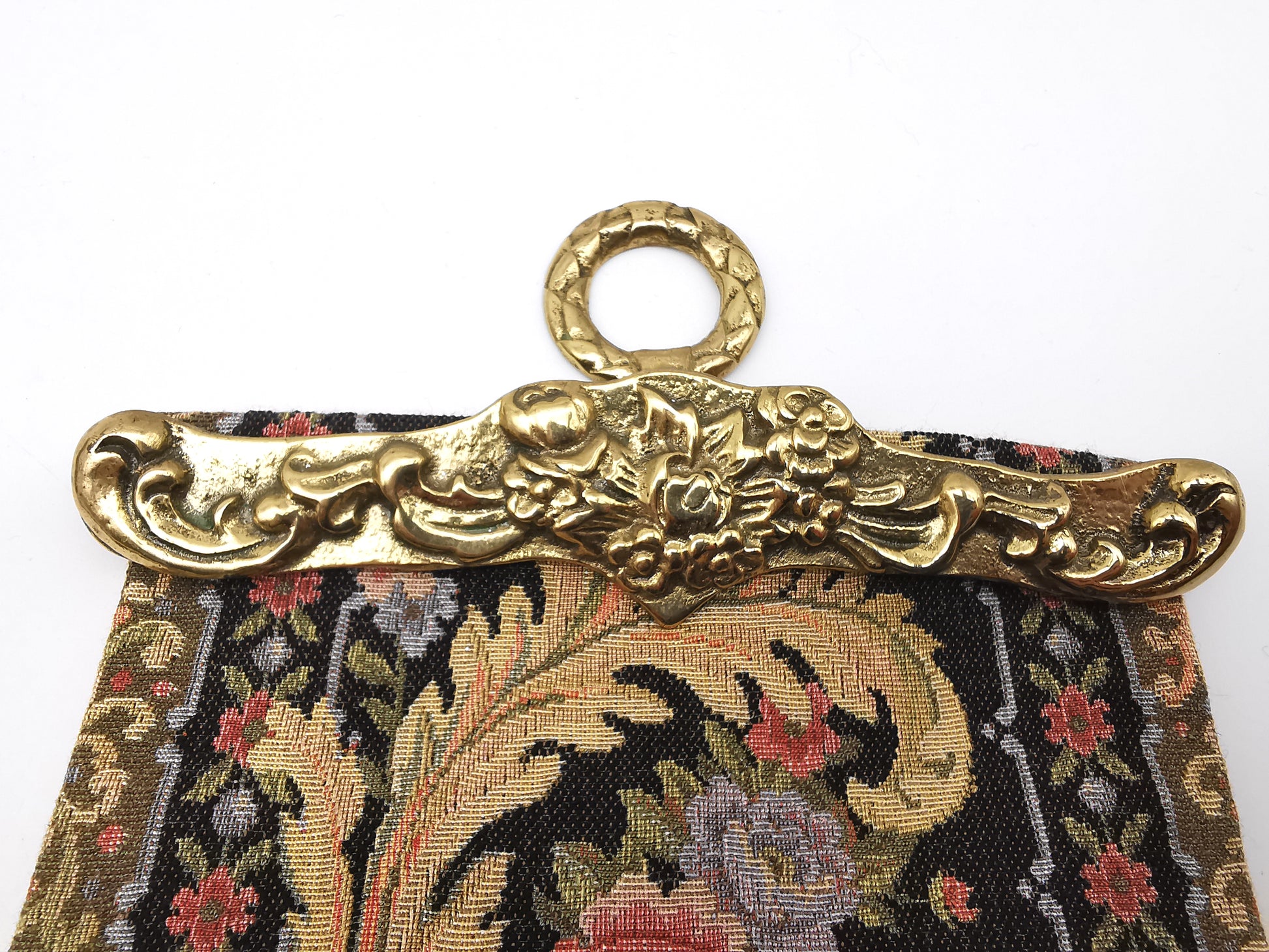 Vintage Floral Tapestry Bell Pull Wall Hanging with Brass Hardware
