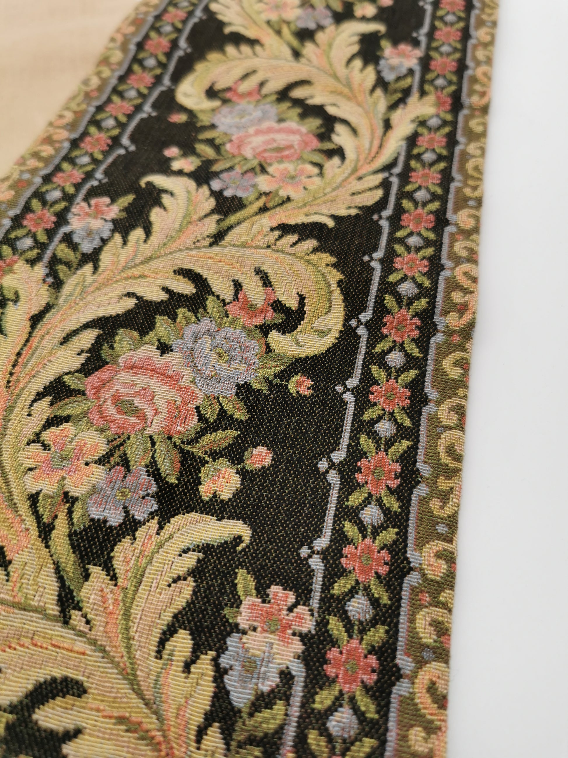 Vintage Floral Tapestry Bell Pull Wall Hanging with Brass Hardware