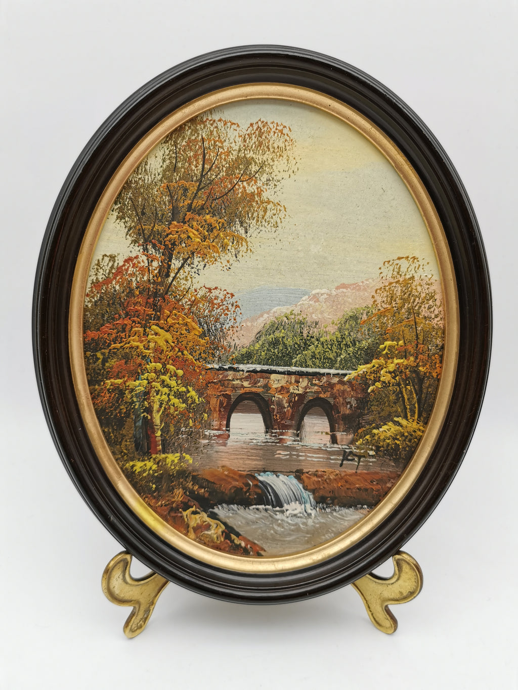 Vintage Oval Landscape Oil Painting – Framed Autumn Stone Bridge Waterfall, Signed KT, 29cm x 24cm