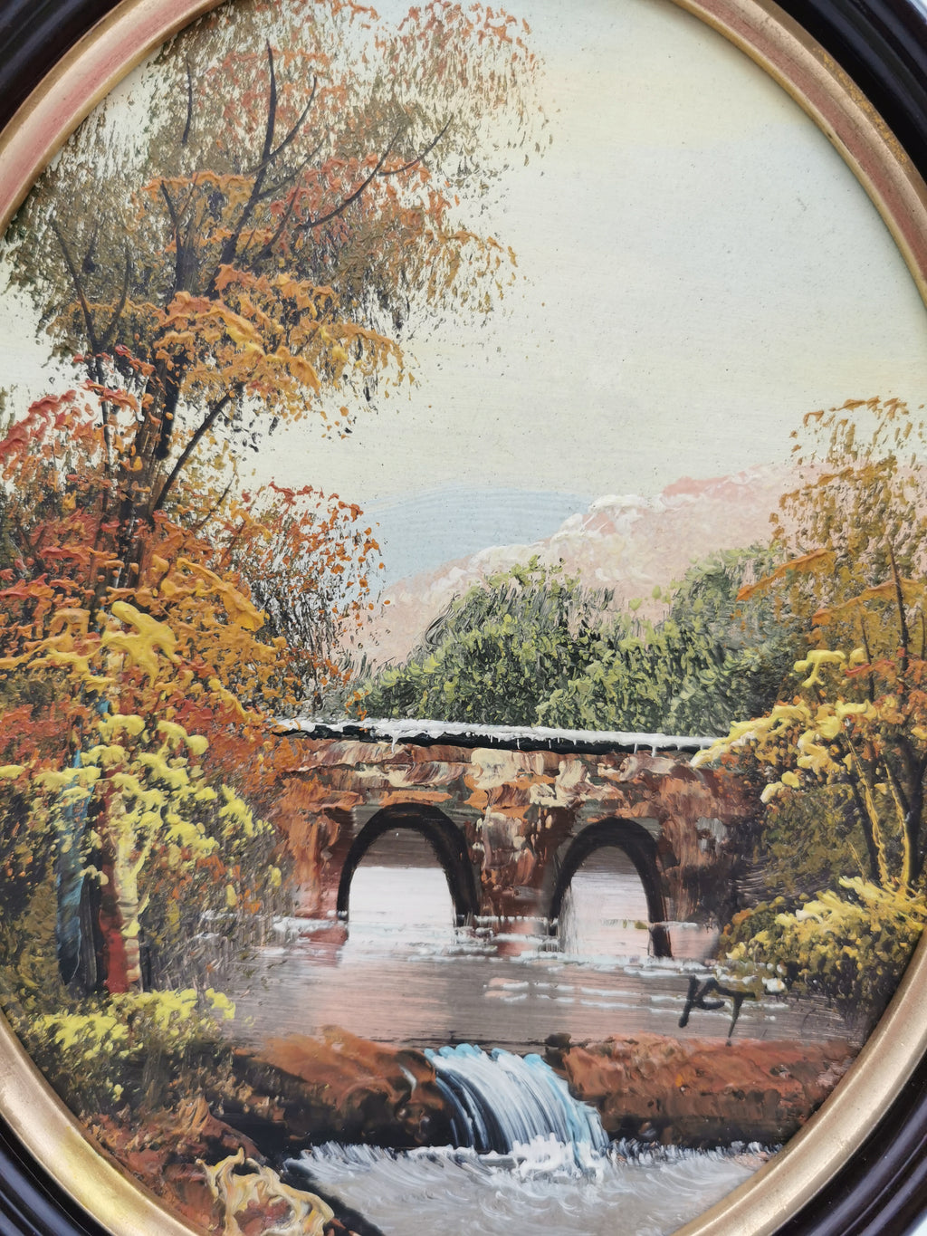 Vintage Oval Landscape Oil Painting – Framed Autumn Stone Bridge Waterfall, Signed KT, 29cm x 24cm