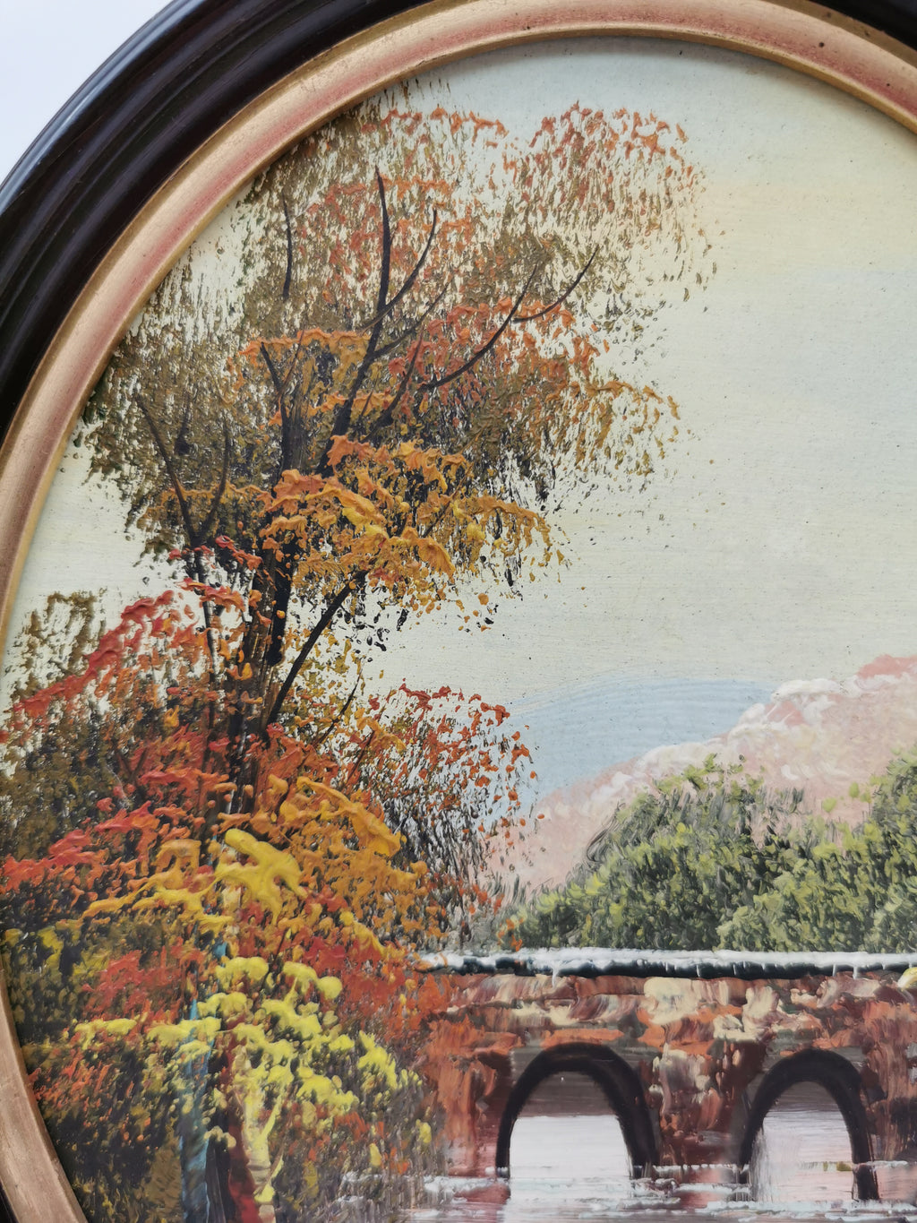 Vintage Oval Landscape Oil Painting – Framed Autumn Stone Bridge Waterfall, Signed KT, 29cm x 24cm
