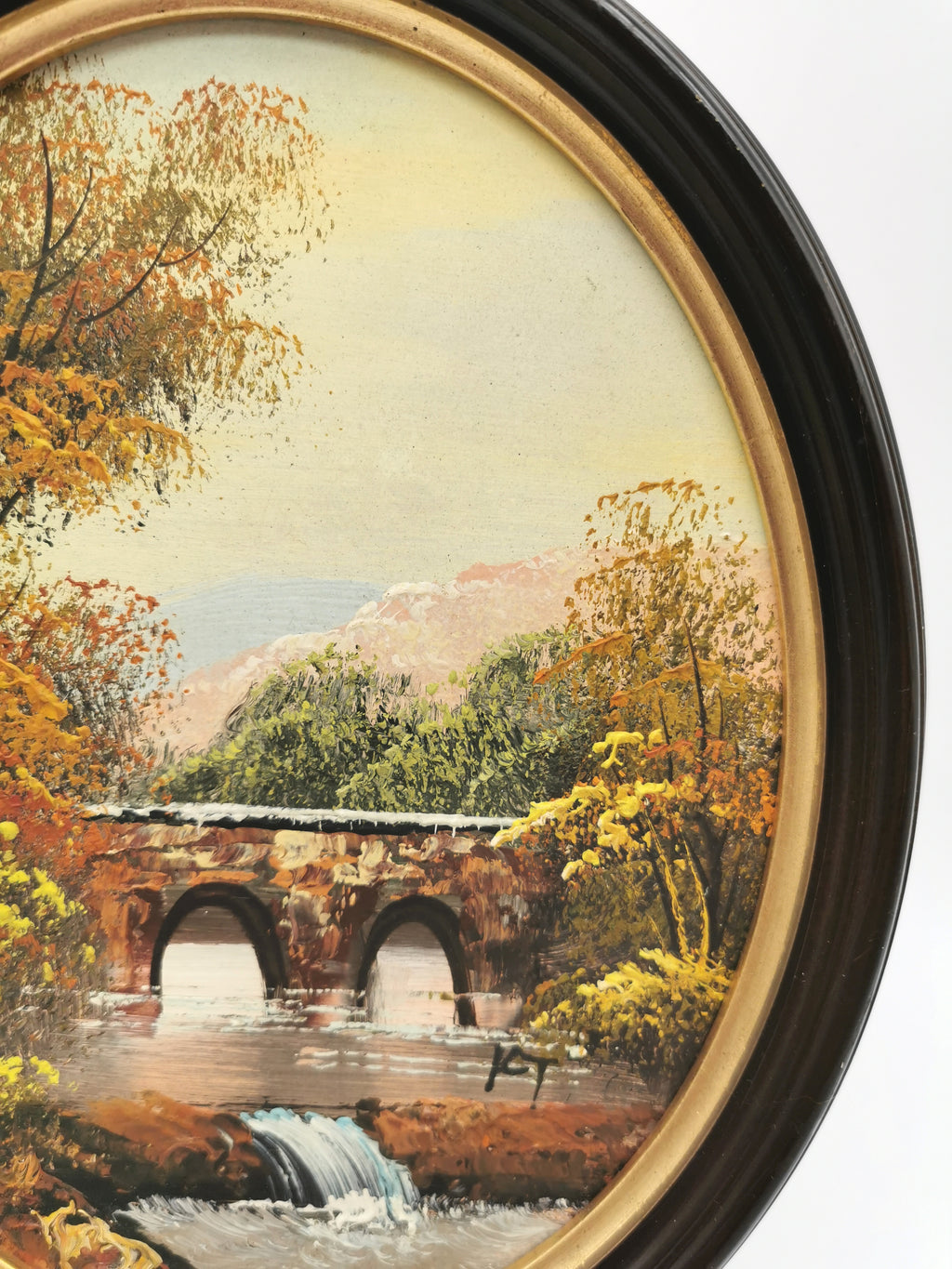 Vintage Oval Landscape Oil Painting – Framed Autumn Stone Bridge Waterfall, Signed KT, 29cm x 24cm