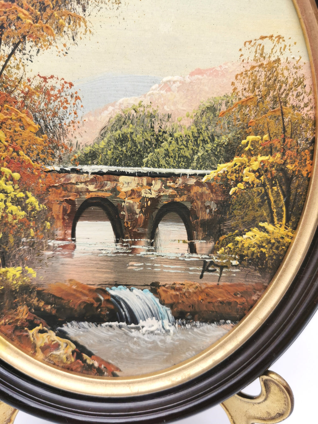 Vintage Oval Landscape Oil Painting – Framed Autumn Stone Bridge Waterfall, Signed KT, 29cm x 24cm