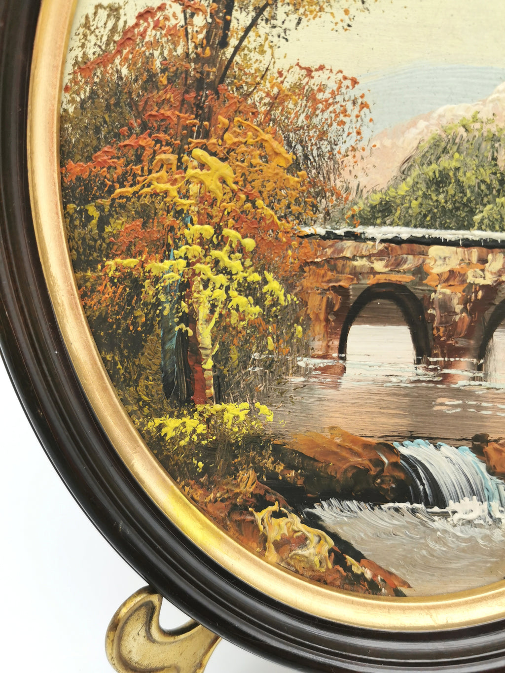 Vintage Oval Landscape Oil Painting – Framed Autumn Stone Bridge Waterfall, Signed KT, 29cm x 24cm