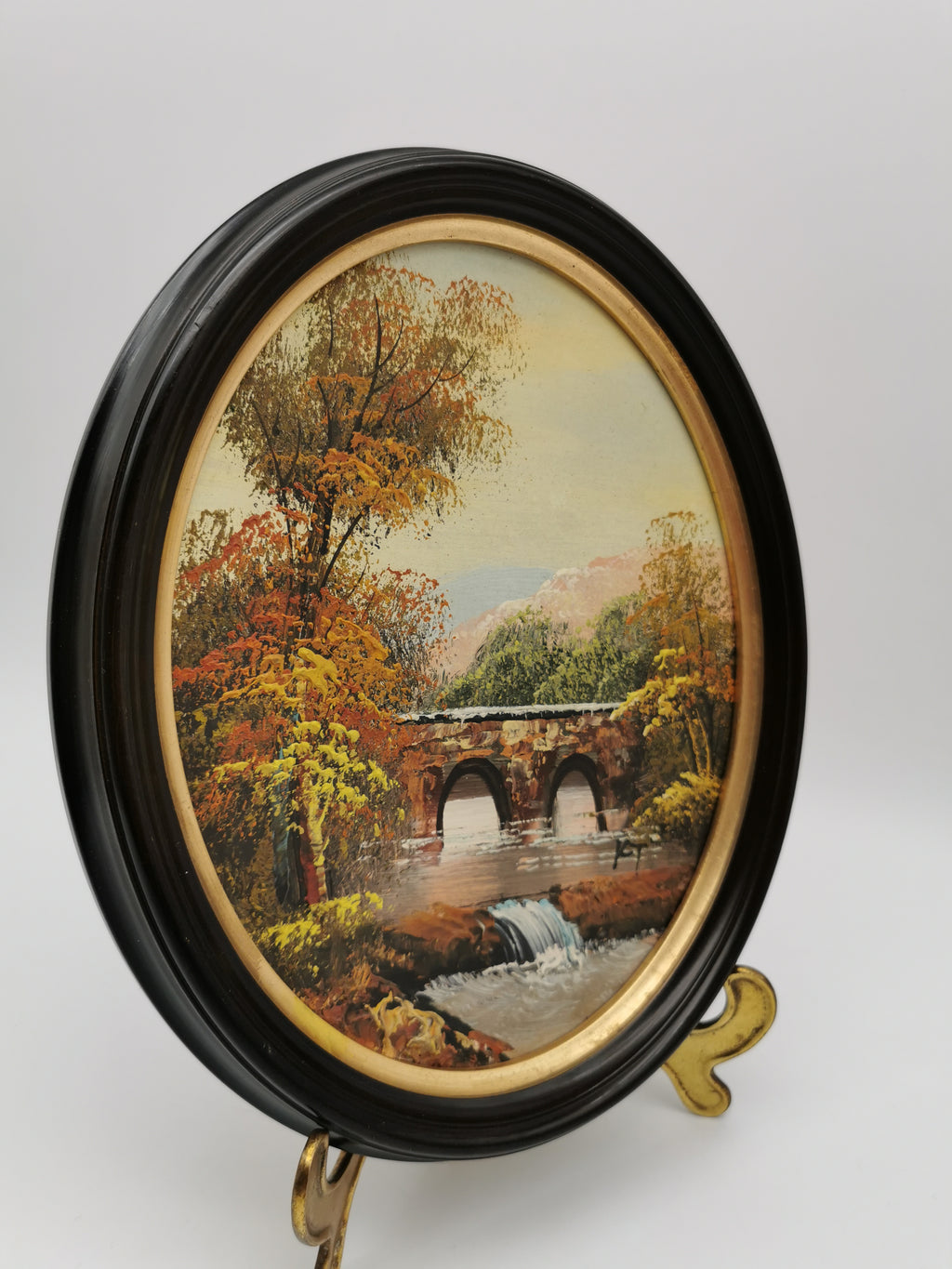 Vintage Oval Landscape Oil Painting – Framed Autumn Stone Bridge Waterfall, Signed KT, 29cm x 24cm