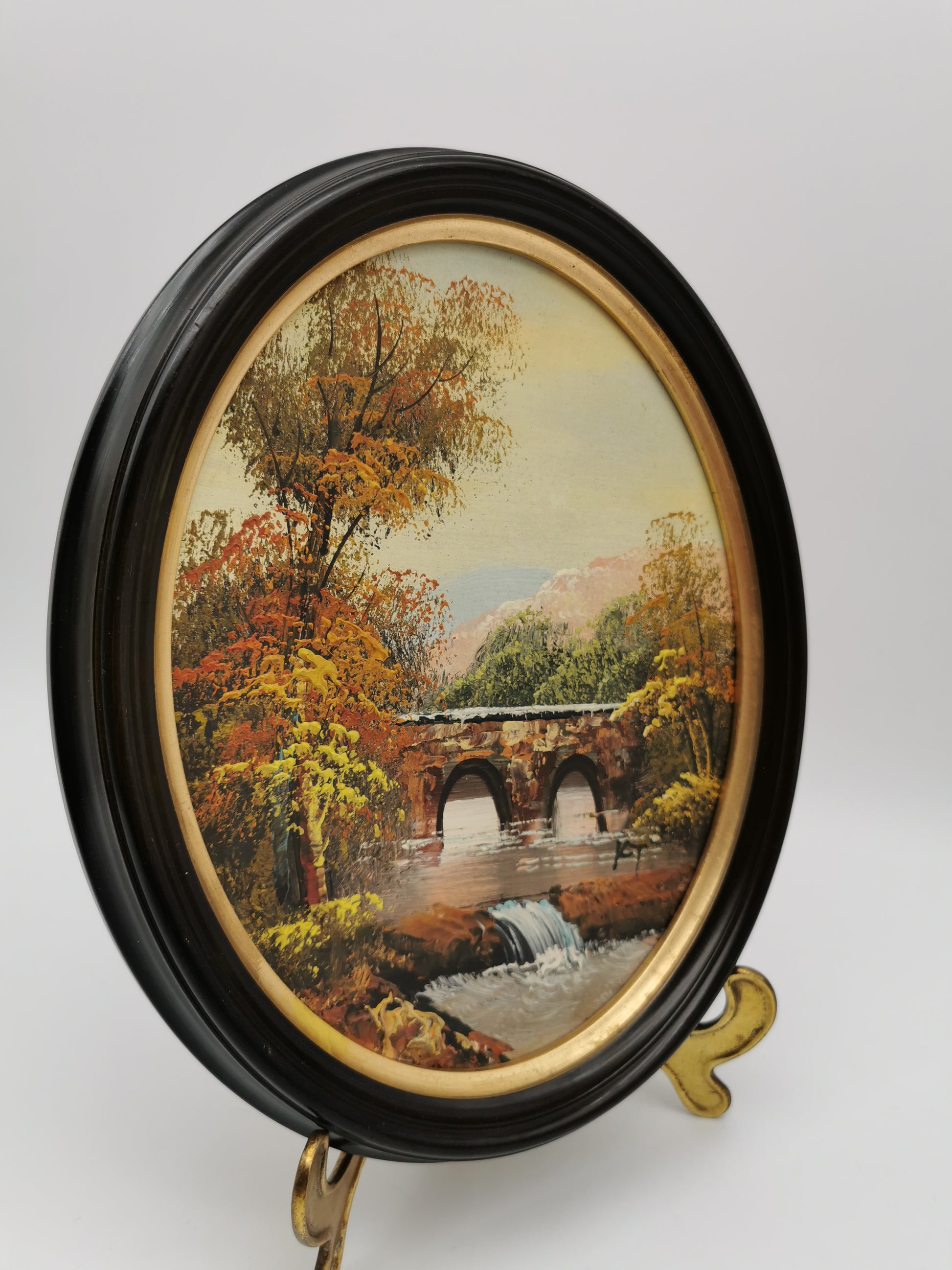 Vintage Oval Landscape Oil Painting – Framed Autumn Stone Bridge Waterfall, Signed KT, 29cm x 24cm